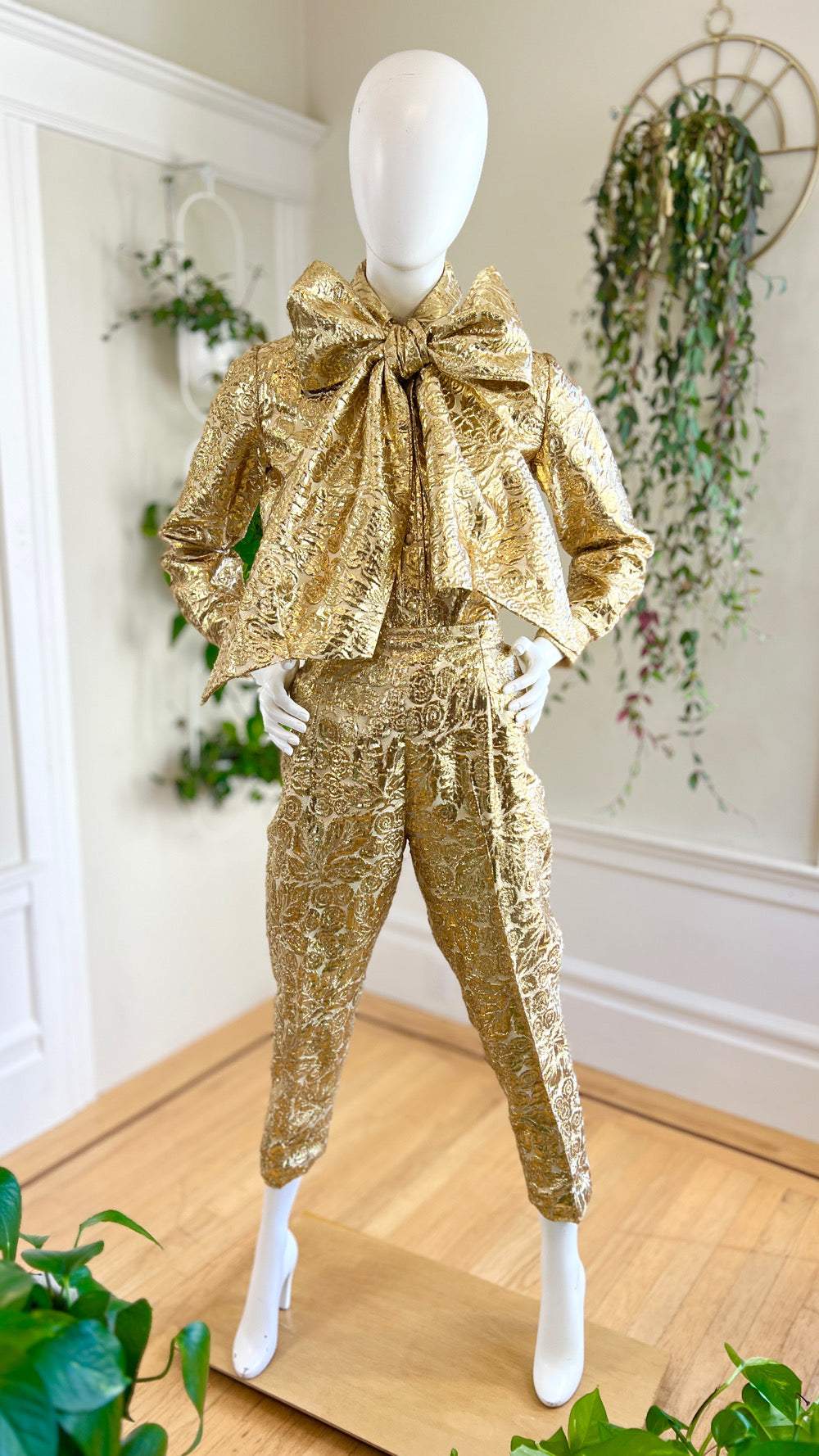 1960s 3-Piece Gold Lurex Floral Brocade Pant Suit