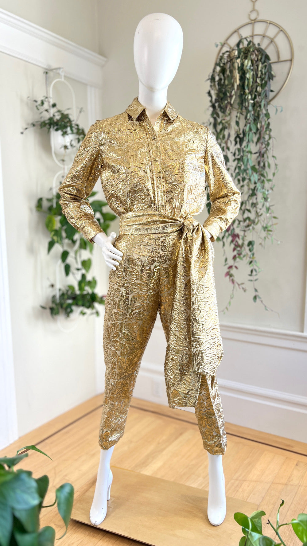 1960s 3-Piece Gold Lurex Floral Brocade Pant Suit | small