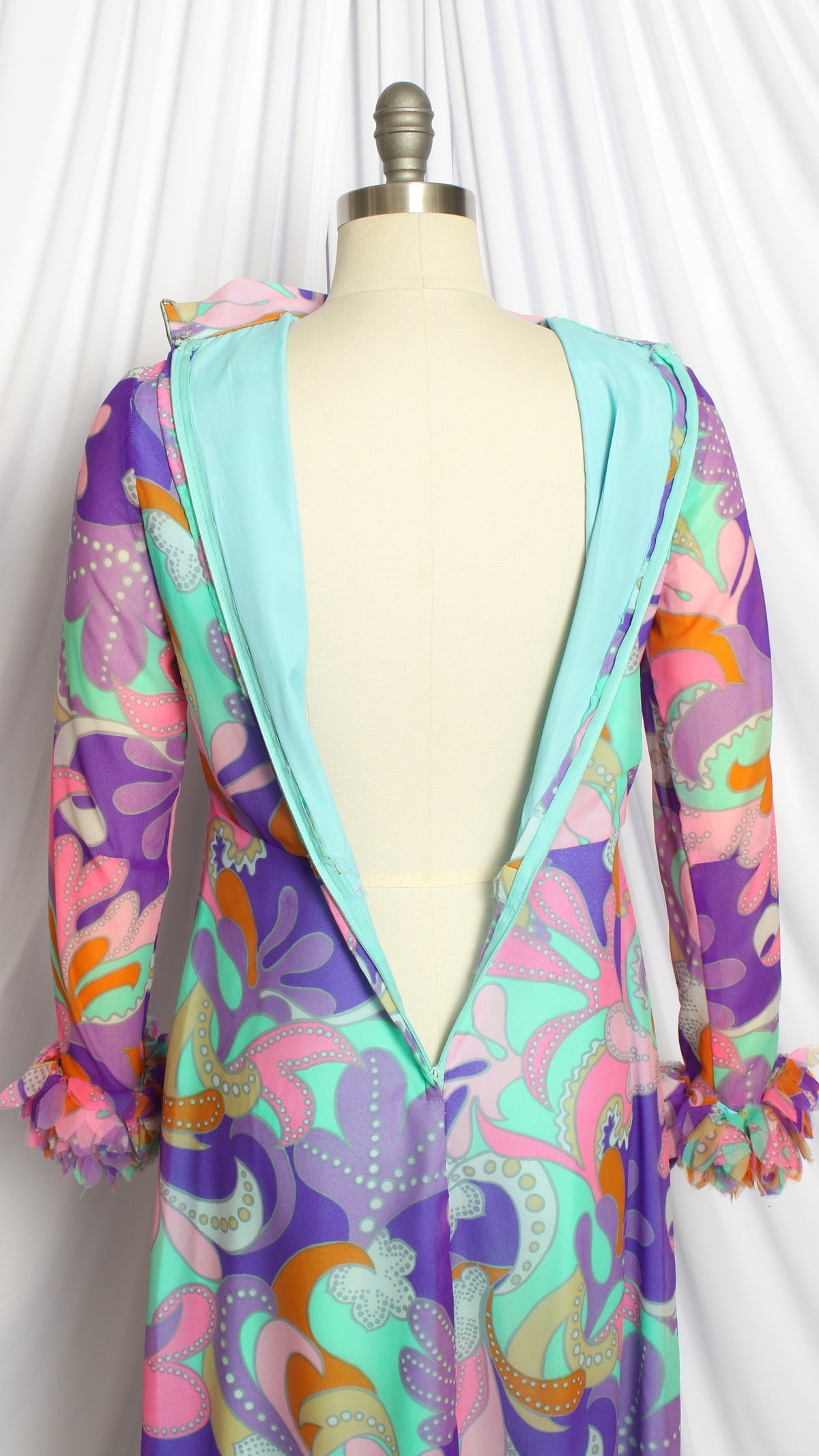 NEW | 1970s Psychedelic Geometric Chiffon Gown with Fluffy Cuffs | small/medium