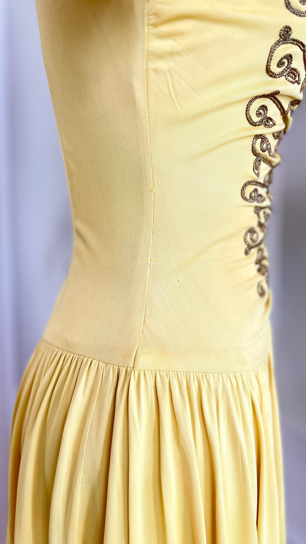 1940s Gold Filigree Yellow Jersey Party Dress | small