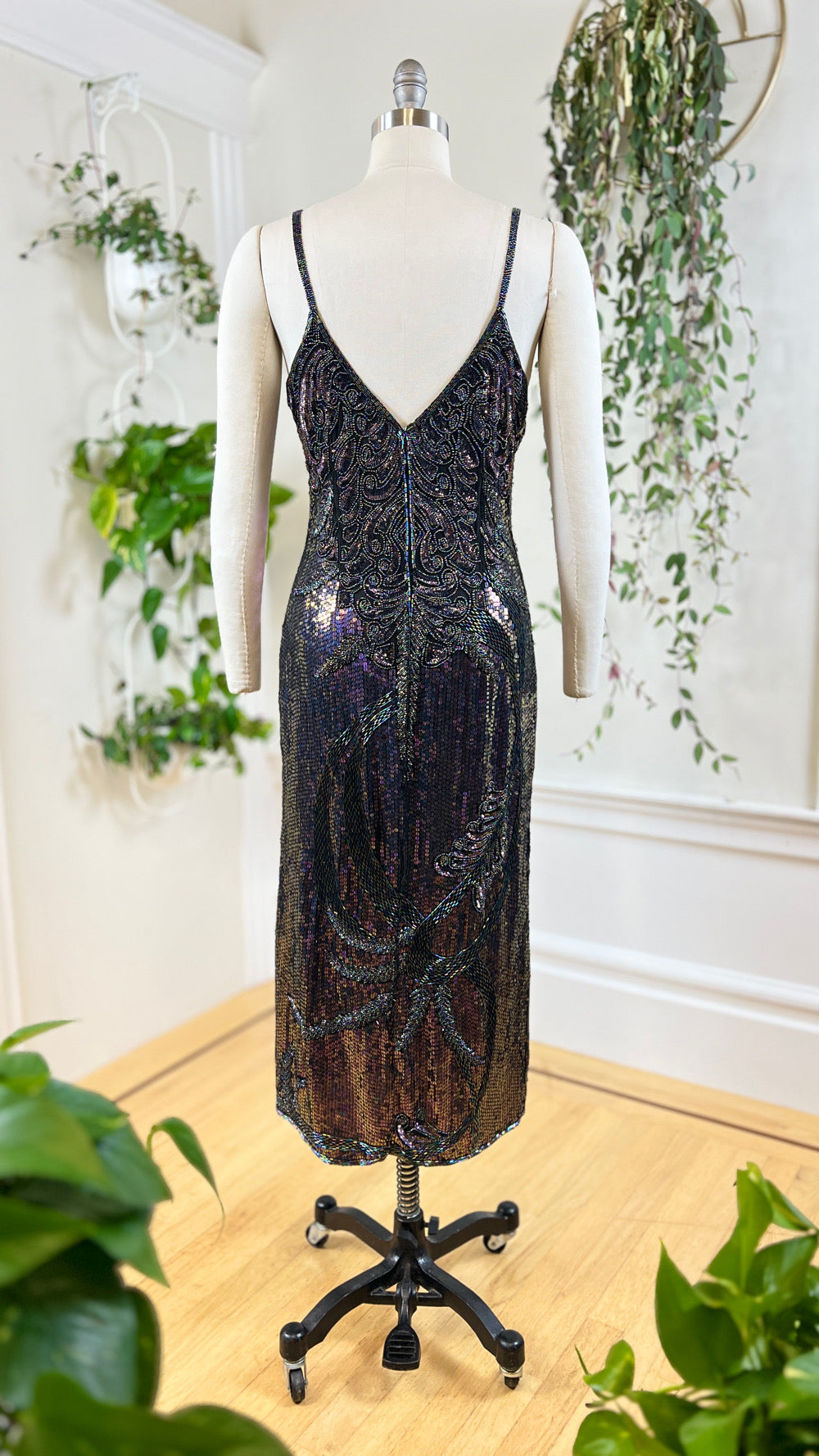 Vintage 1980s 80s Silk Floral Beaded Sequin Spaghetti Strap Formal Evening Party NYE Gown Flapper 1920s Style Art Deco Shift