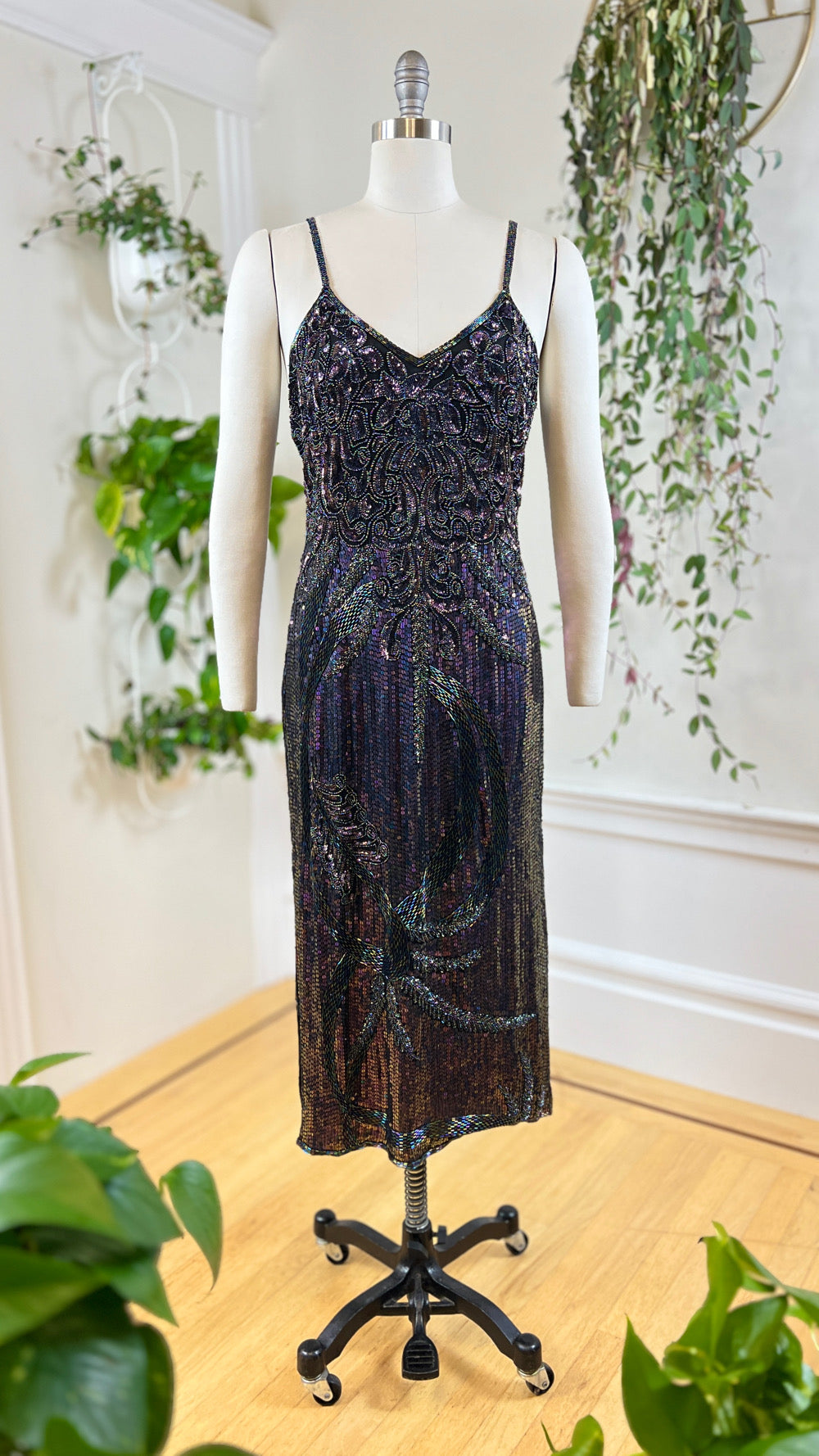 Vintage 1980s 80s Silk Floral Beaded Sequin Spaghetti Strap Formal Evening Party NYE Gown Flapper 1920s Style Art Deco Shift