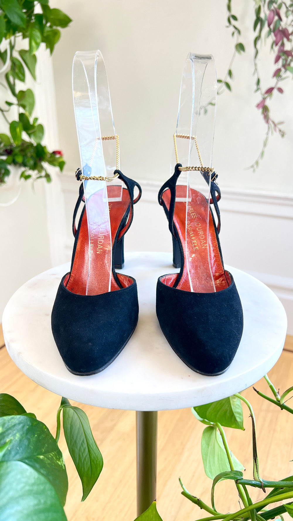 1970s CHARLES JOURDAN Black Suede Heels with Gold Chain Strap | size US 7.5