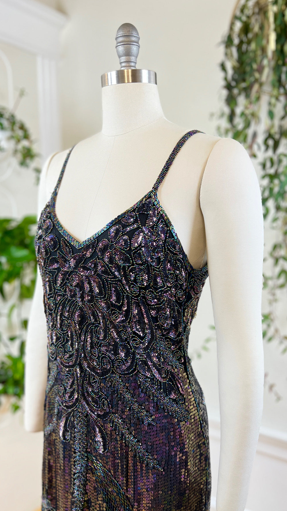 Vintage 1980s 80s Silk Floral Beaded Sequin Spaghetti Strap Formal Evening Party NYE Gown Flapper 1920s Style Art Deco Shift