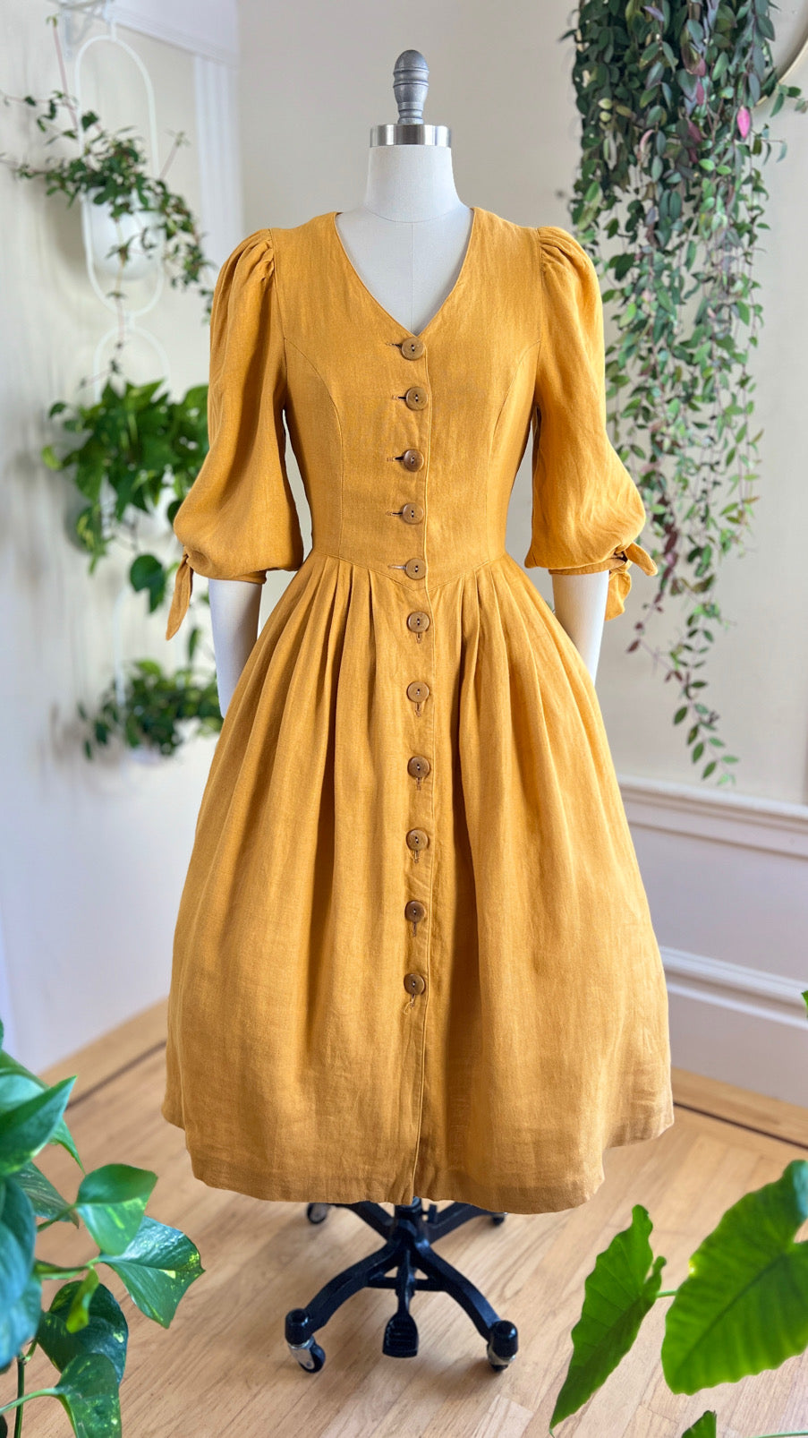 1980s Mustard Yellow Linen Midi Dress | small/medium 1980s Mustard Yellow Linen Midi Dress | small/medium