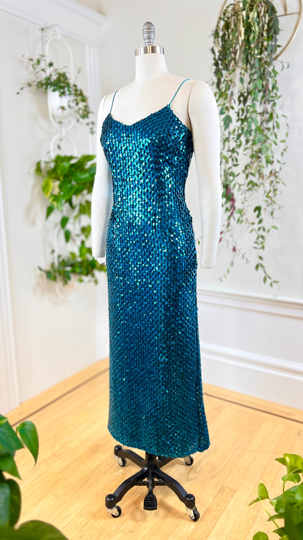 1980s Teal Sequin Party Dress | small