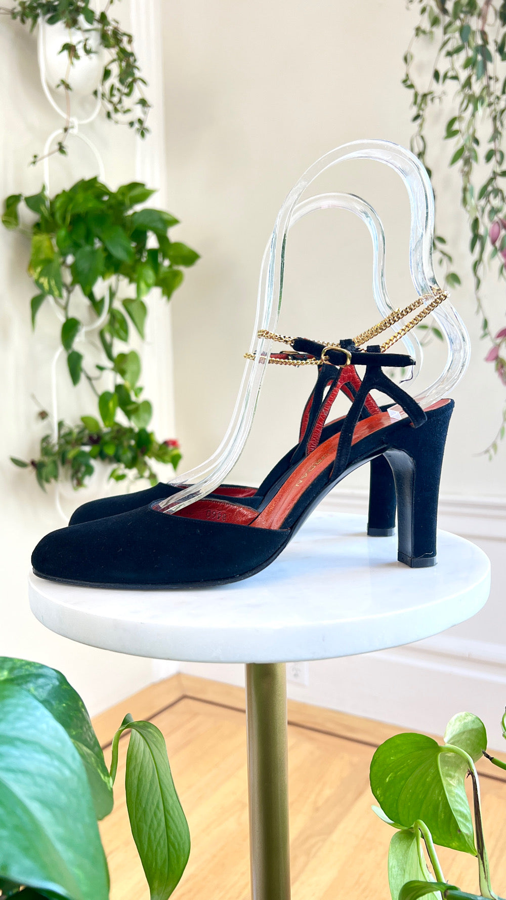 1970s CHARLES JOURDAN Black Suede Heels with Gold Chain Strap | size US 7.5