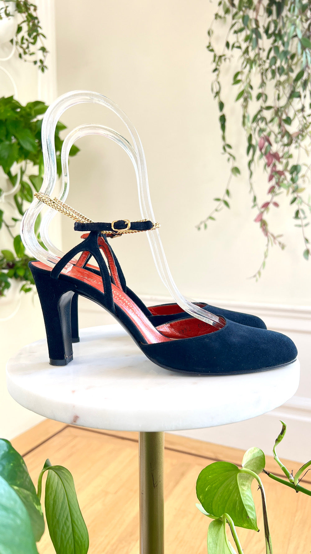 1970s CHARLES JOURDAN Black Suede Heels with Gold Chain Strap | size US 7.5