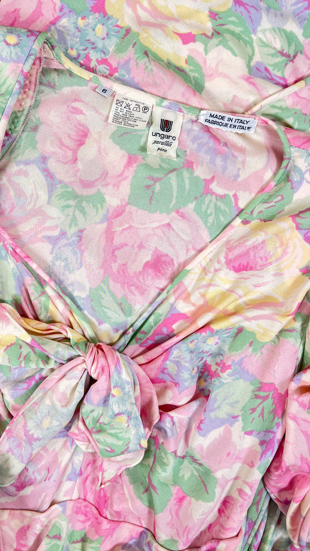 Vintage 1980s 80s Ungaro Designer Floral Silk Jersey Draped Wiggle Sheath Tea Day Dress Stretchy Couture Pastel Print xs xsmall