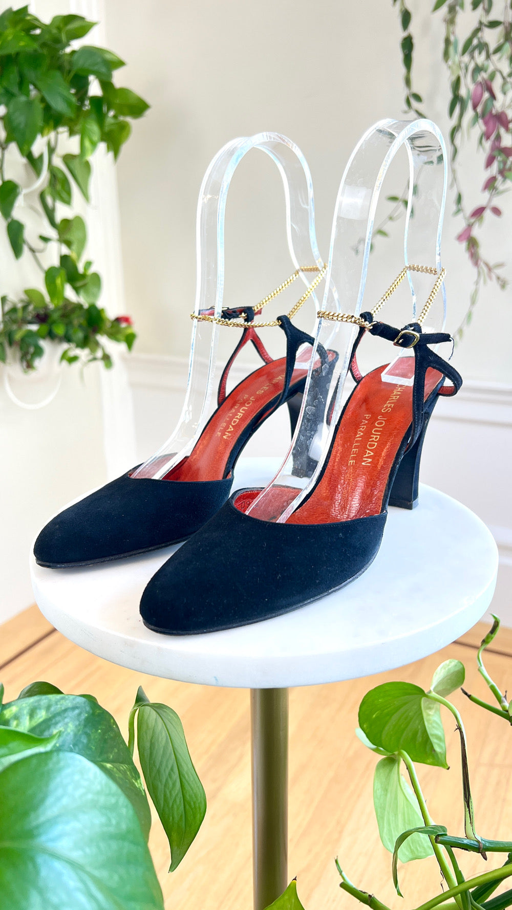 1970s CHARLES JOURDAN Black Suede Heels with Gold Chain Strap | size US 7.5