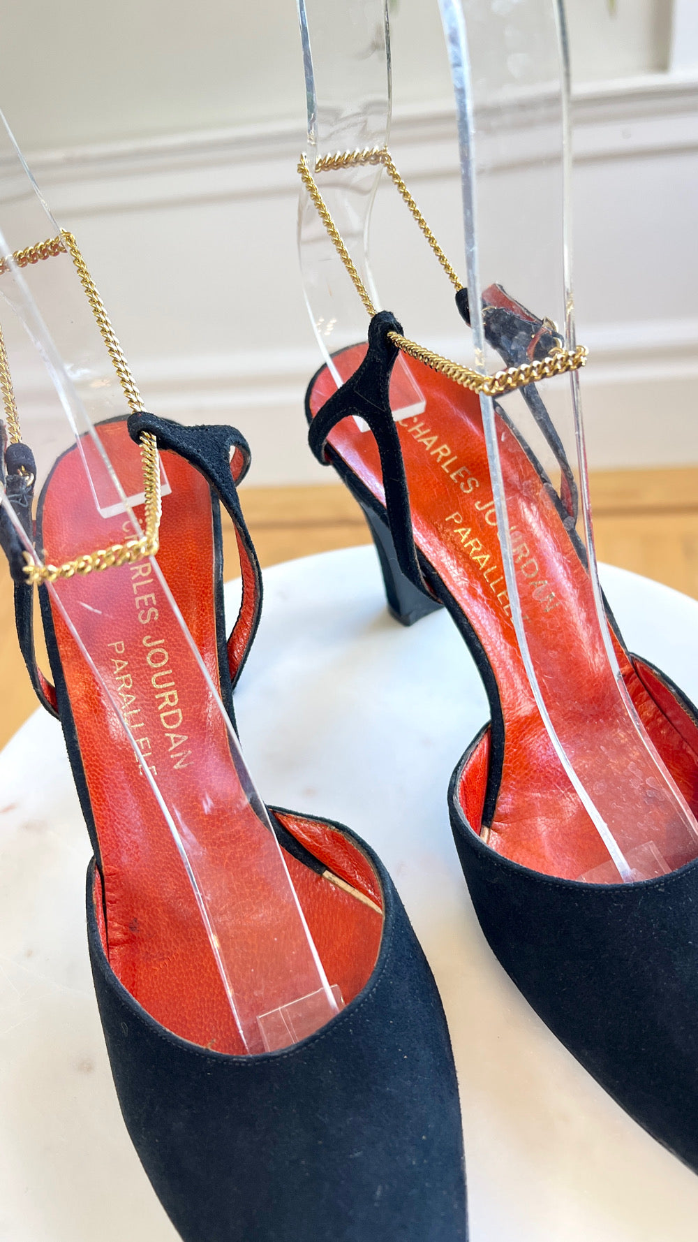 1970s CHARLES JOURDAN Black Suede Heels with Gold Chain Strap | size US 7.5
