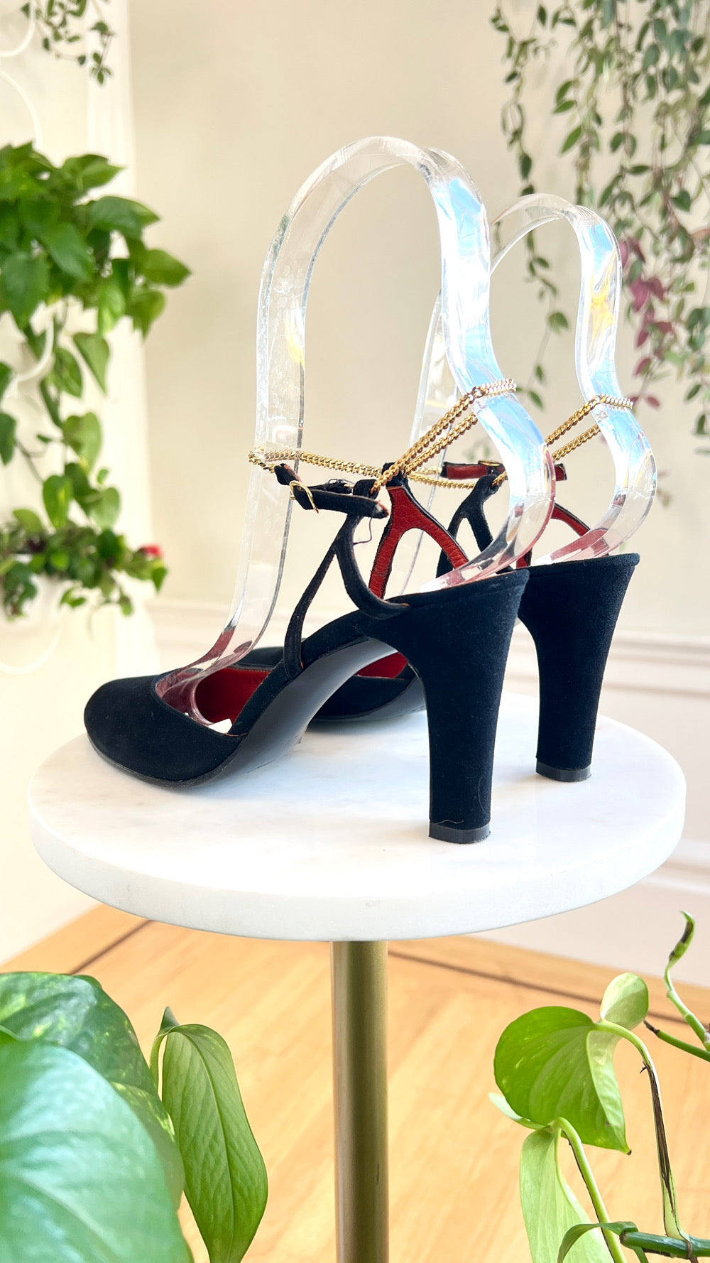 1970s CHARLES JOURDAN Black Suede Heels with Gold Chain Strap | size US 7.5
