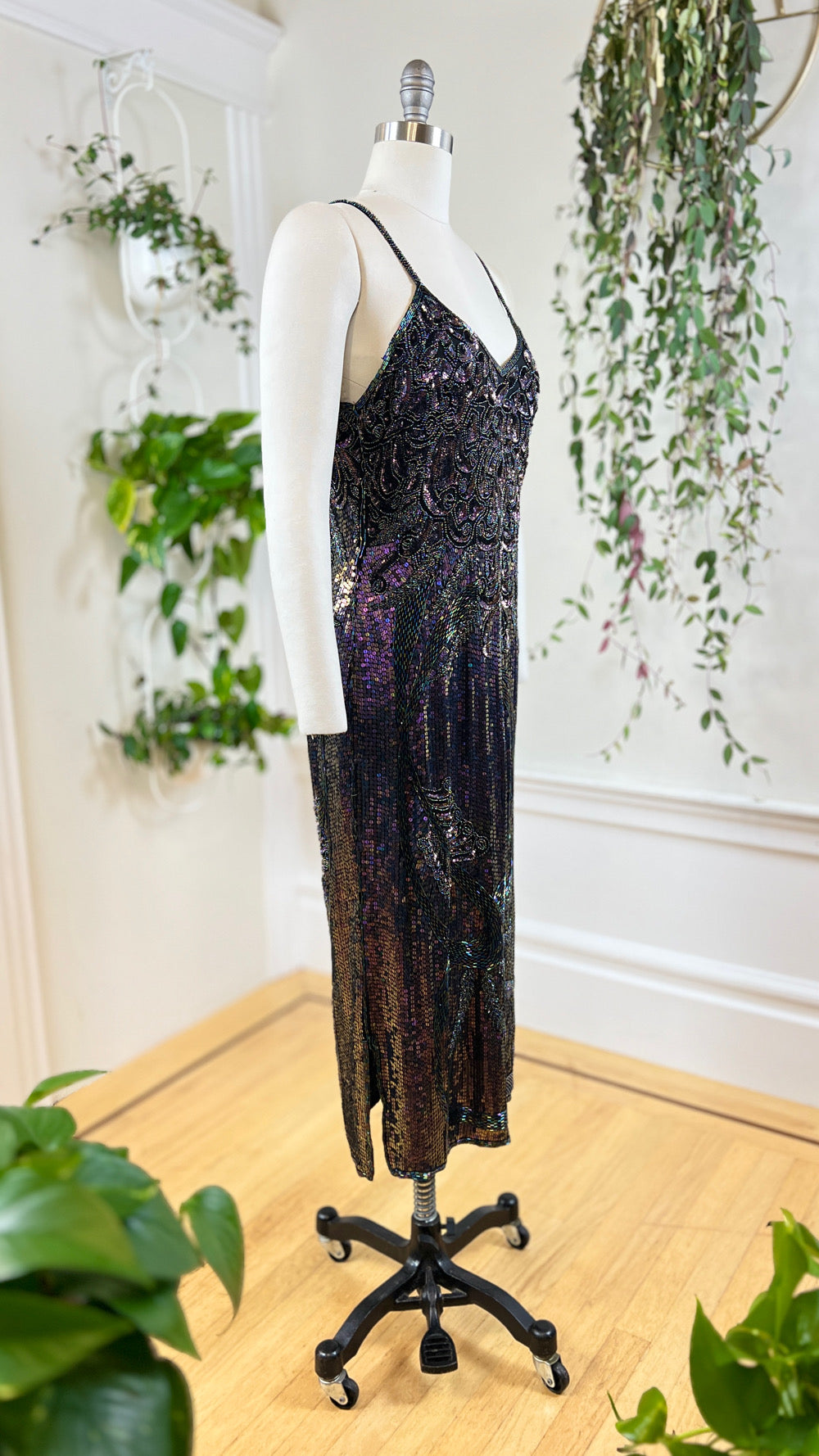 Vintage 1980s 80s Silk Floral Beaded Sequin Spaghetti Strap Formal Evening Party NYE Gown Flapper 1920s Style Art Deco Shift