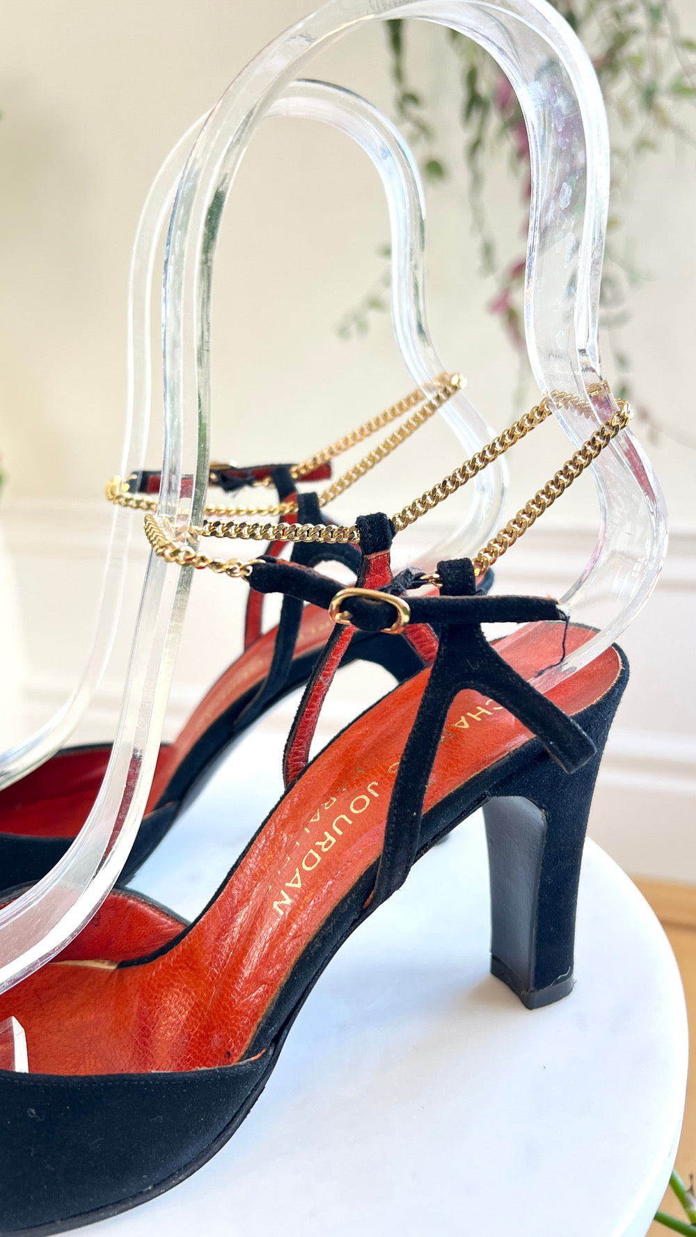 1970s CHARLES JOURDAN Black Suede Heels with Gold Chain Strap | size US 7.5