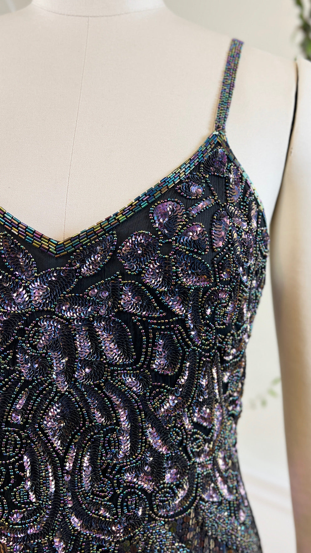 Vintage 1980s 80s Silk Floral Beaded Sequin Spaghetti Strap Formal Evening Party NYE Gown Flapper 1920s Style Art Deco Shift