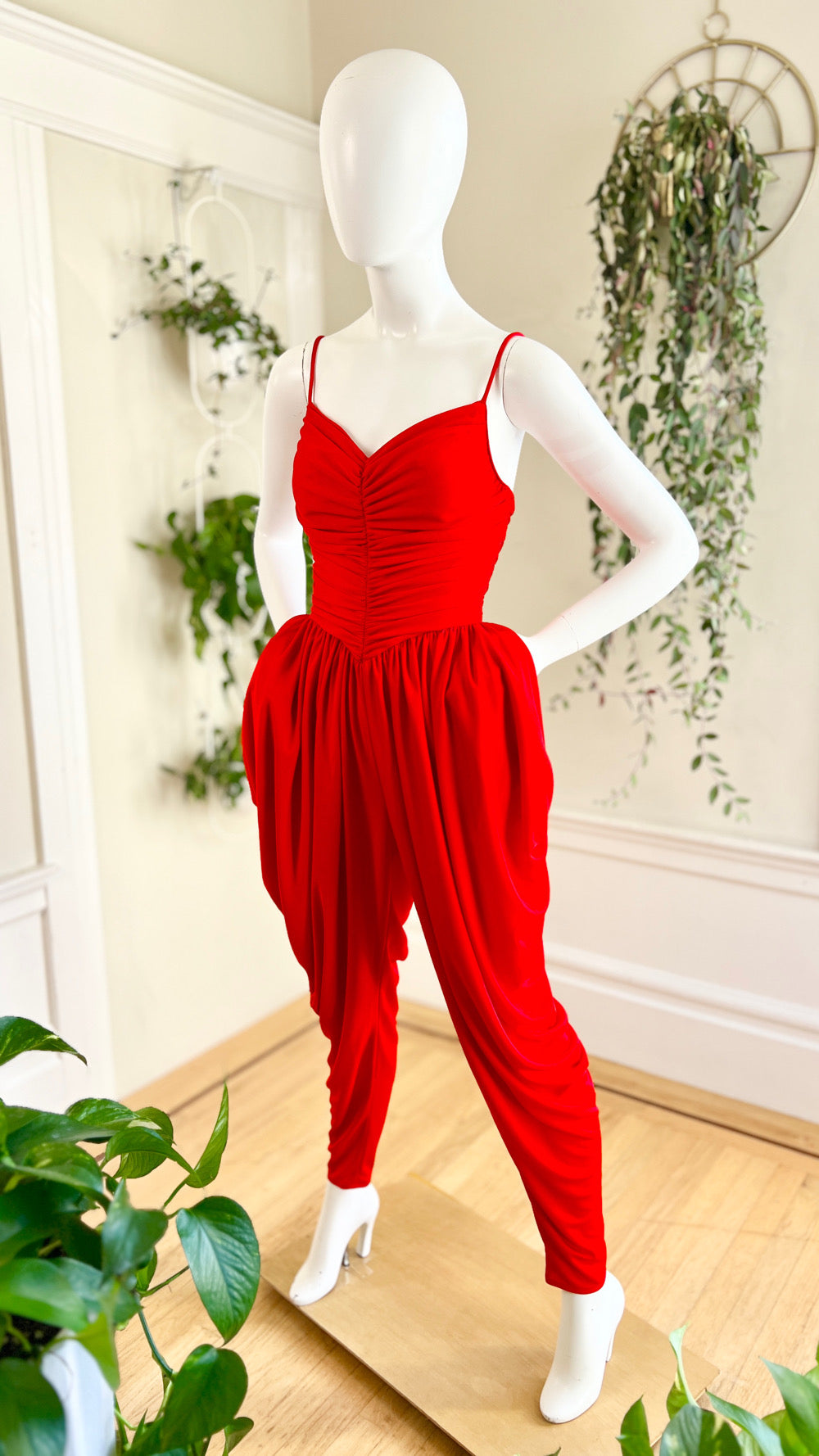 1980s NEW LEAF Red Jersey Jumpsuit | x-small/small
