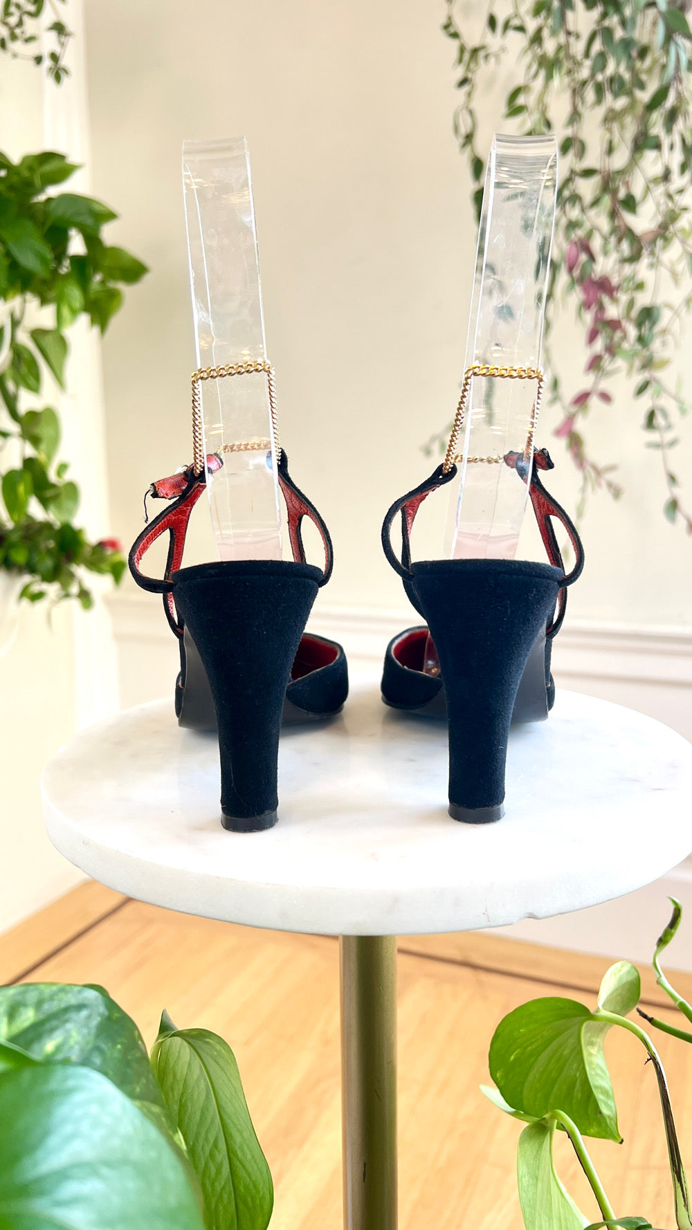 1970s CHARLES JOURDAN Black Suede Heels with Gold Chain Strap | size US 7.5