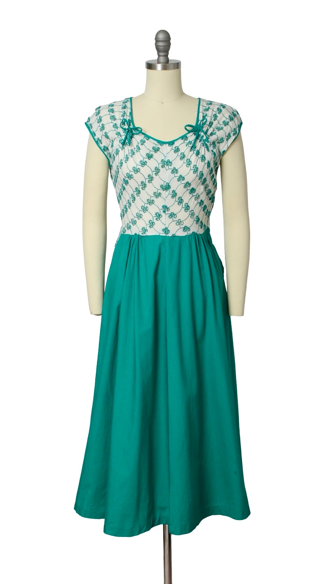 1940s green dress Retro Stage Gingham Plaid Lapel Button Lace Swing Shirtwaist Dress | 100% Cotton main image 0