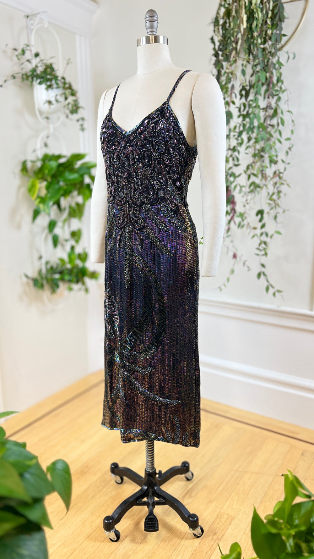 Vintage 1980s 80s Silk Floral Beaded Sequin Spaghetti Strap Formal Evening Party NYE Gown Flapper 1920s Style Art Deco Shift
