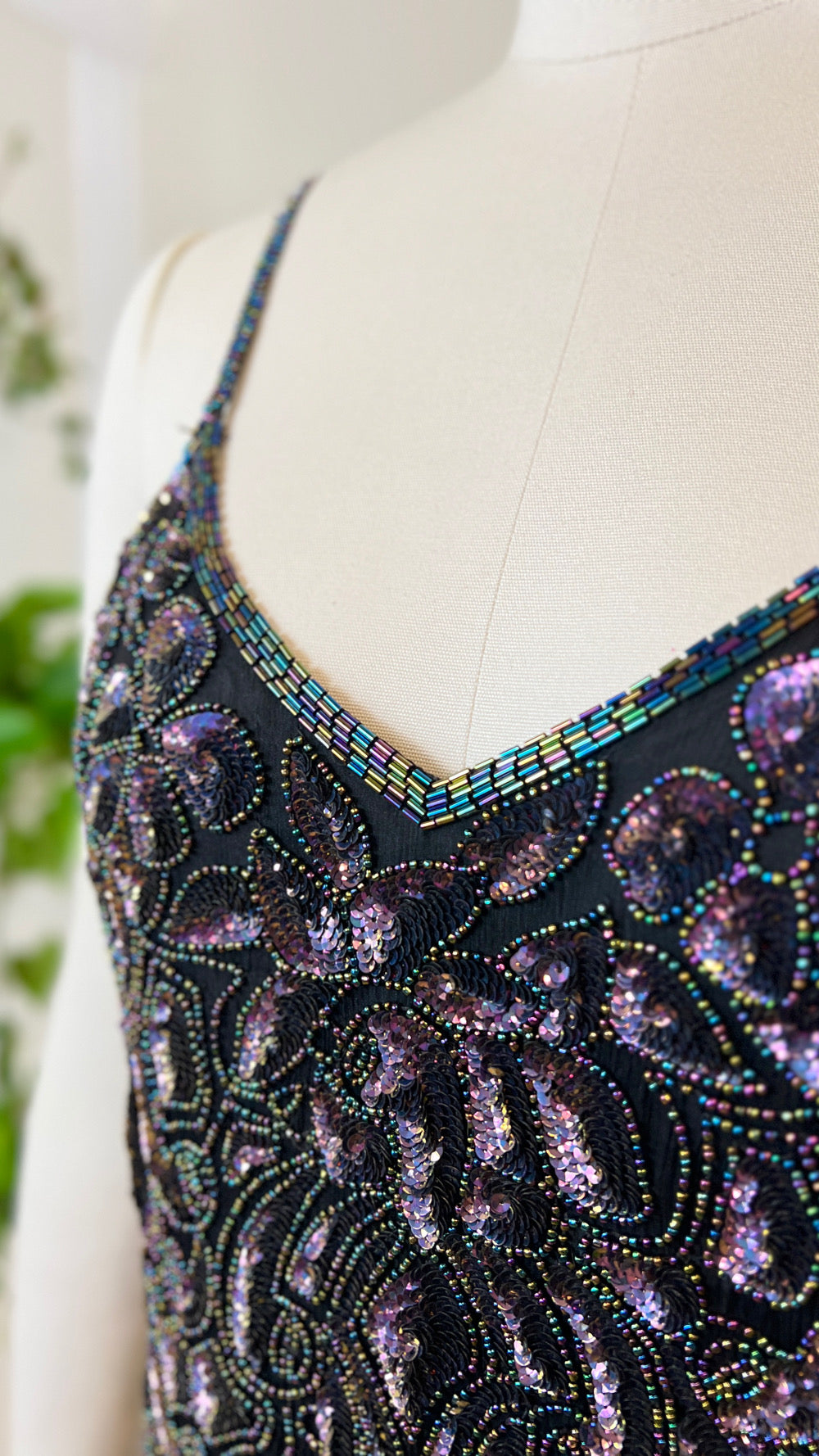 Vintage 1980s 80s Silk Floral Beaded Sequin Spaghetti Strap Formal Evening Party NYE Gown Flapper 1920s Style Art Deco Shift