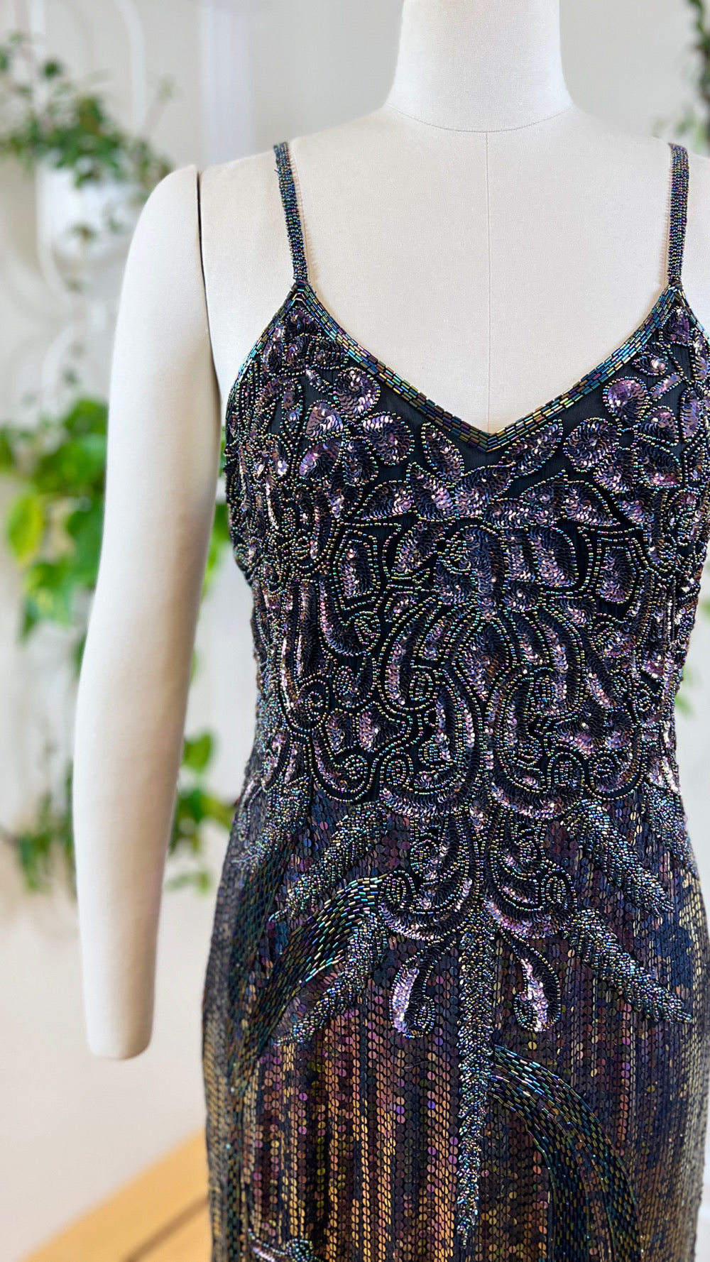 Vintage 1980s 80s Silk Floral Beaded Sequin Spaghetti Strap Formal Evening Party NYE Gown Flapper 1920s Style Art Deco Shift