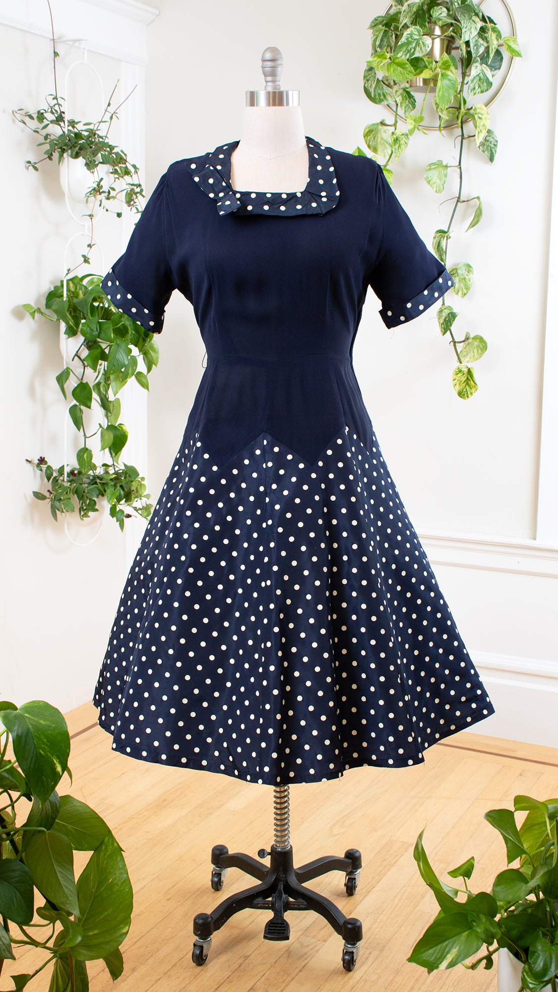 1940s 1950s Polka Dot Navy Blue Cocktail Dress | x-large Birthday Life Vintage 1940s 1950s Polka Dot Navy Blue Cocktail Dress | x-large Birthday Life Vintage