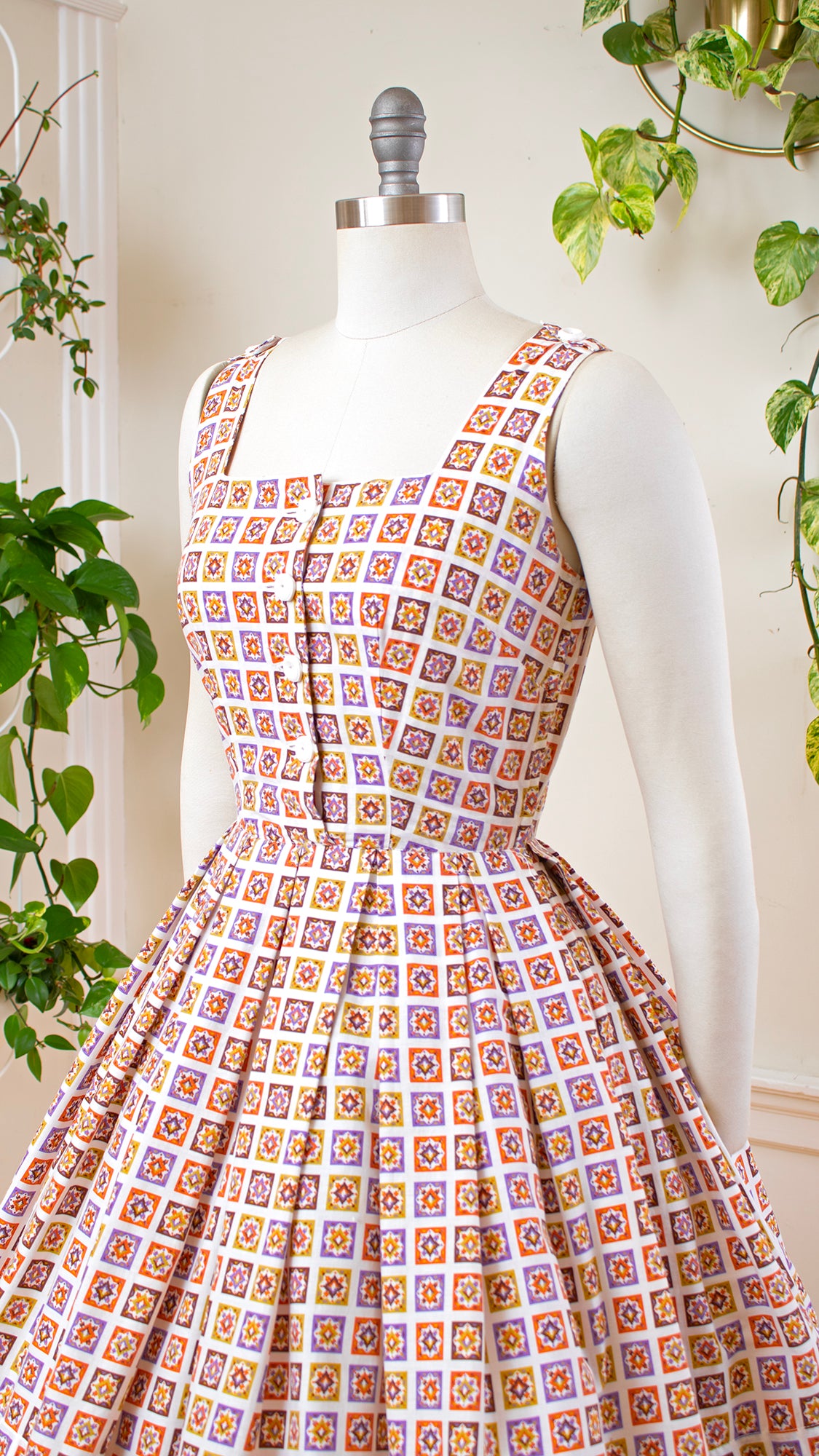 1950s Geometric Cotton Shirtwaist Dress | small