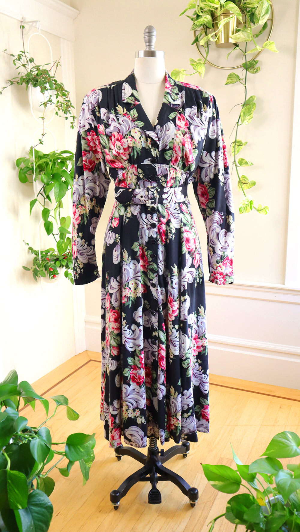 1980s KAREN ALEXANDER Feathers & Floral Shirt Dress | small/medium