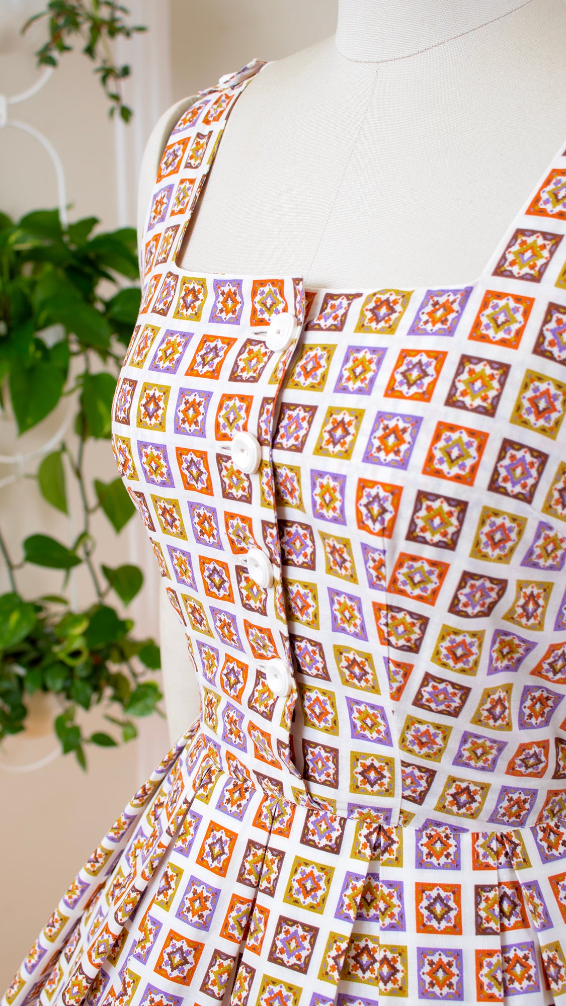 1950s Geometric Cotton Shirtwaist Dress | small