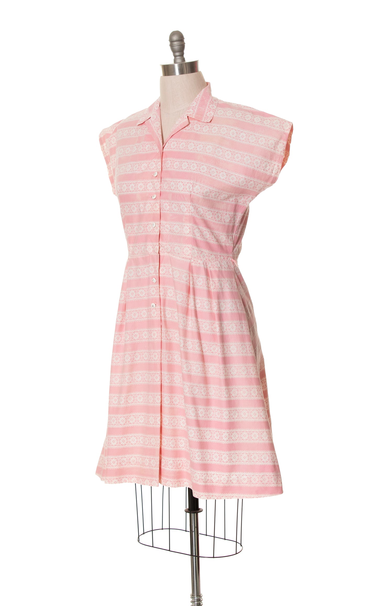 1940s 1950s Floral Striped Pink Cotton Shirtwaist Dress | large