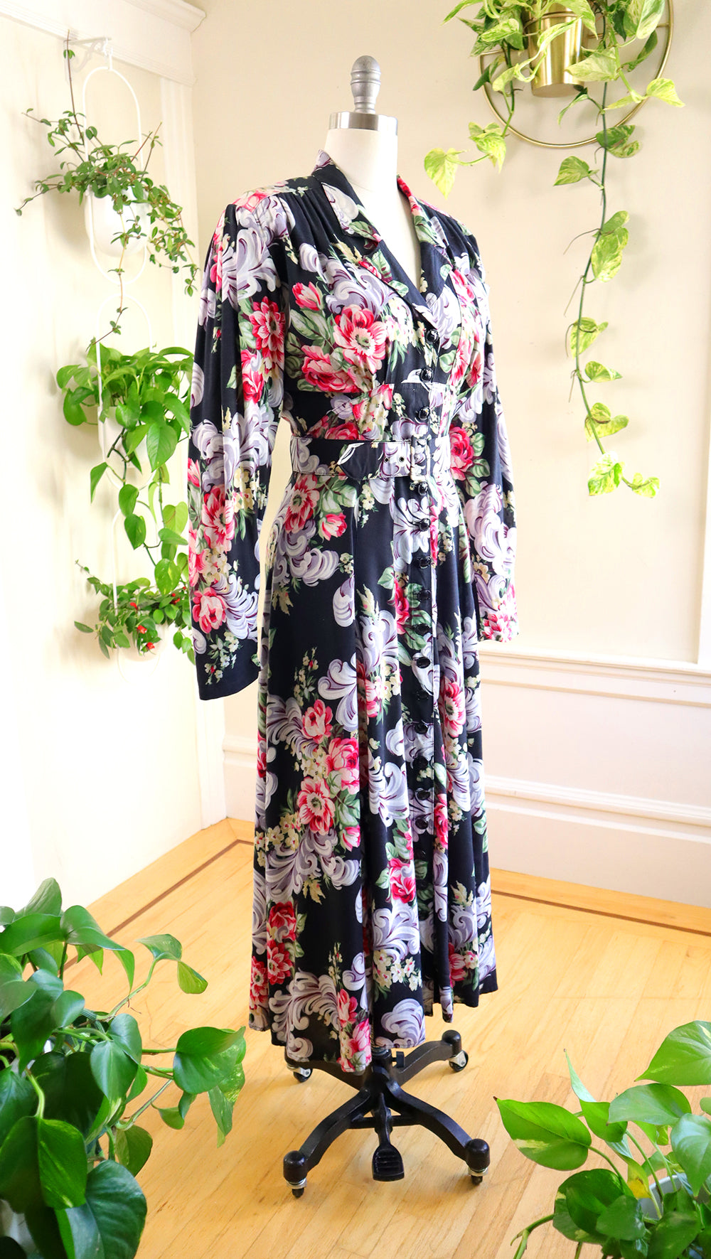1980s KAREN ALEXANDER Feathers & Floral Shirt Dress | small/medium