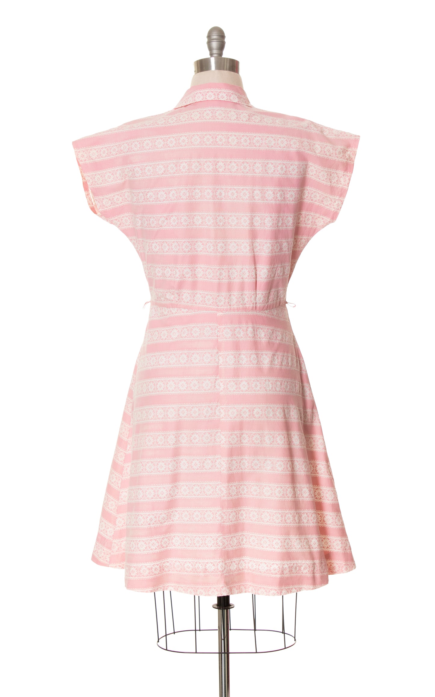 1940s 1950s Floral Striped Pink Cotton Shirtwaist Dress | large