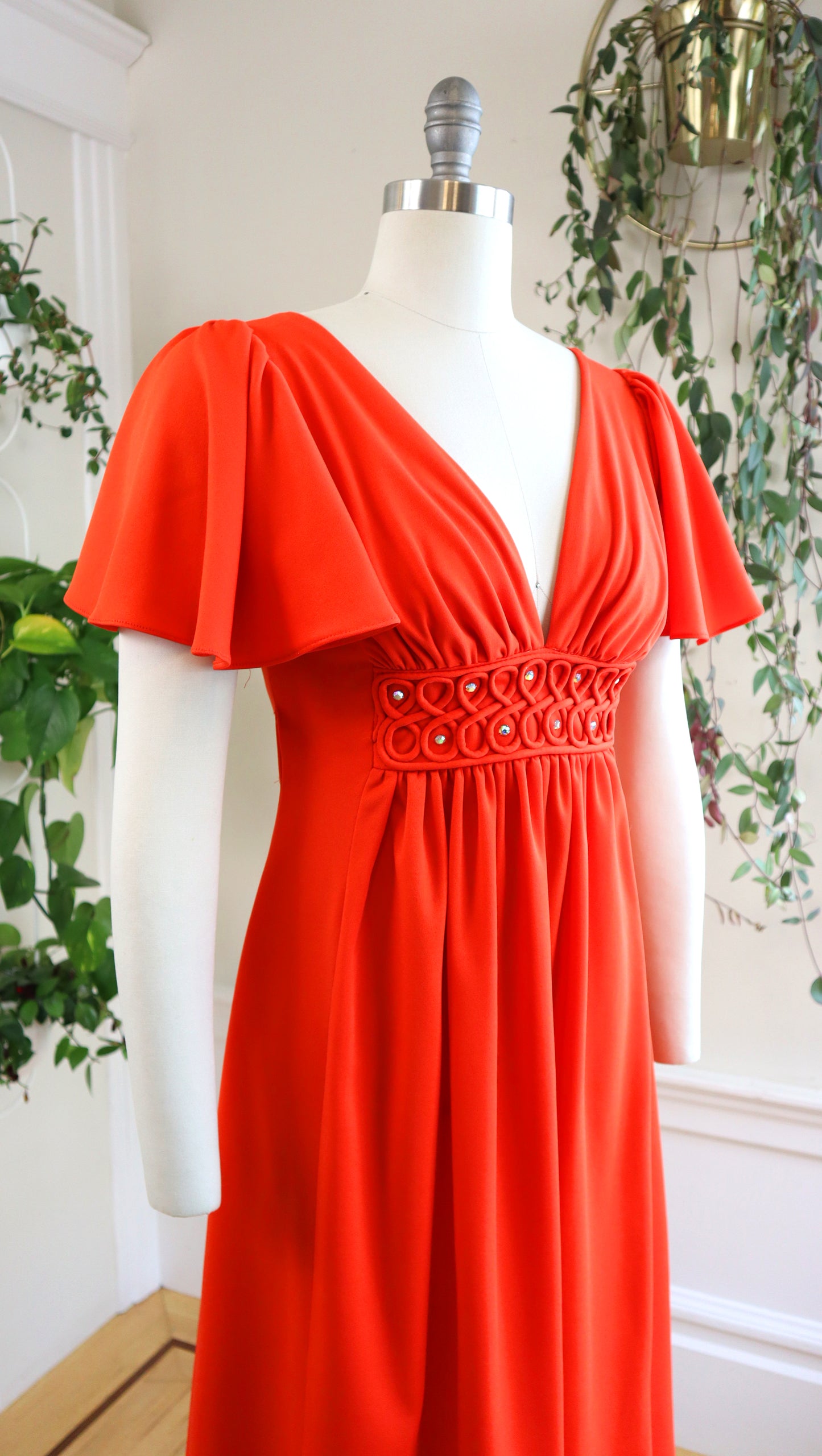 1970s Rhinestone Flutter Sleeve Midi Dress | small