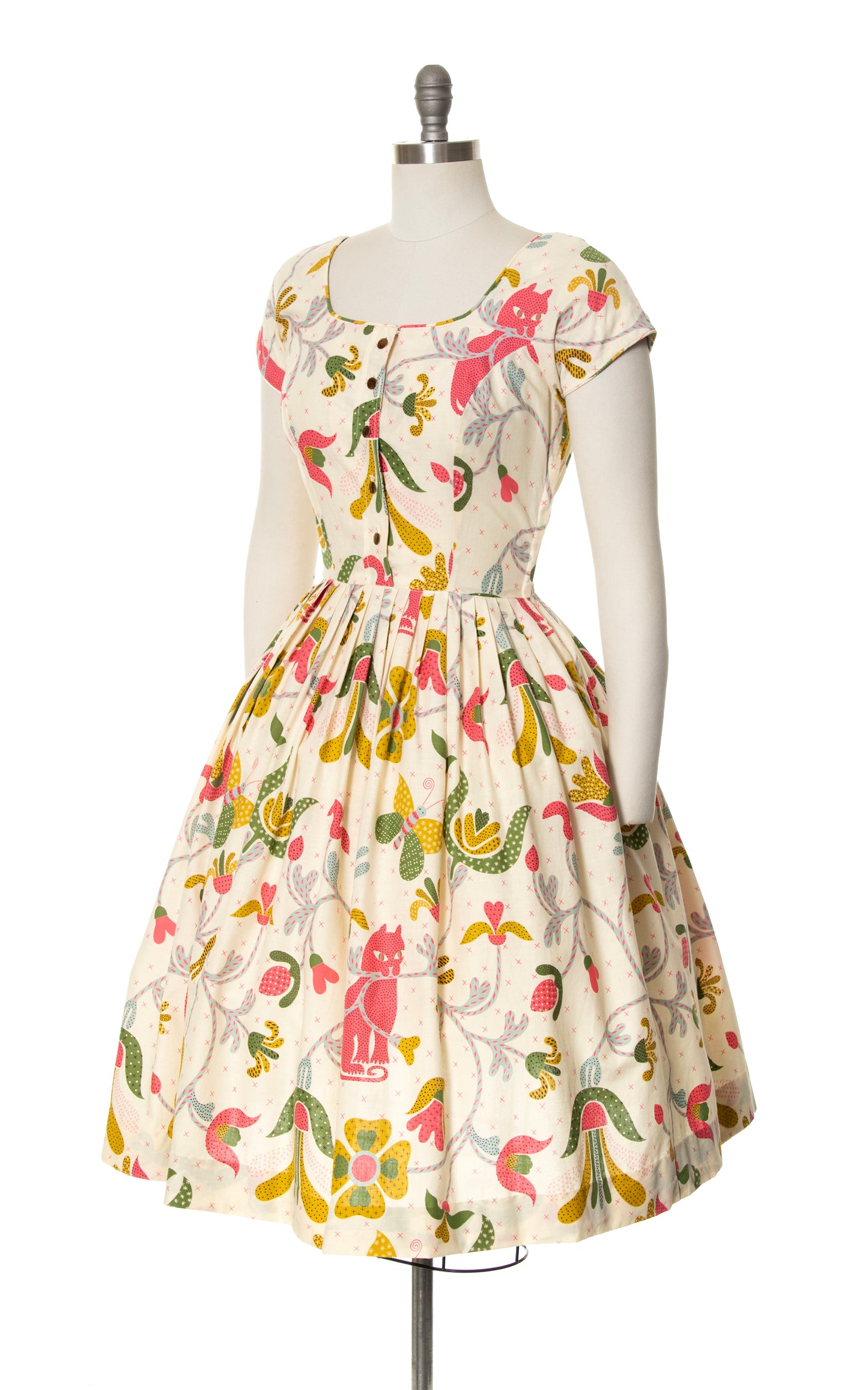 1950s Cat Novelty Print Shirt Dress | small