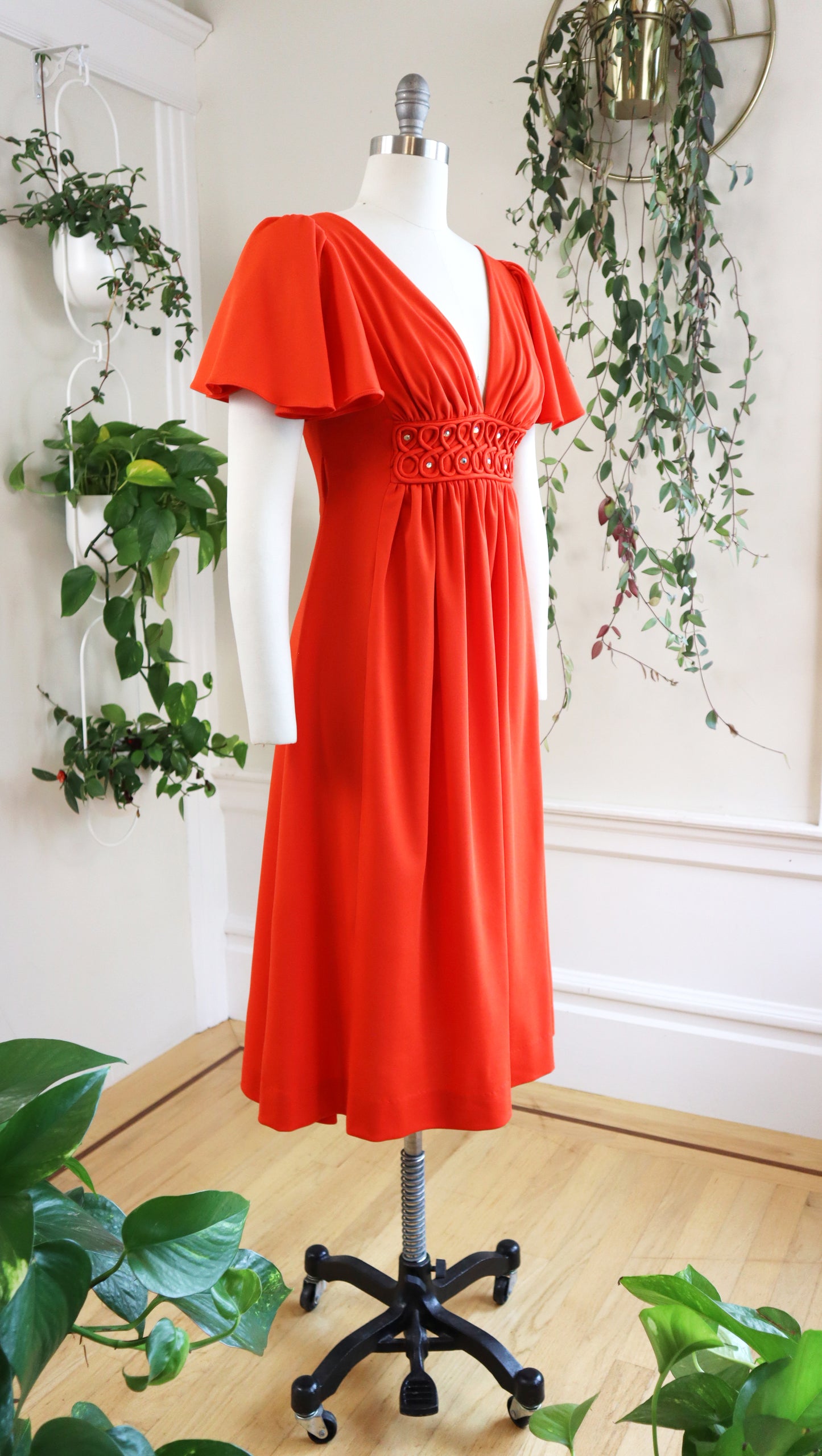 1970s Rhinestone Flutter Sleeve Midi Dress | small