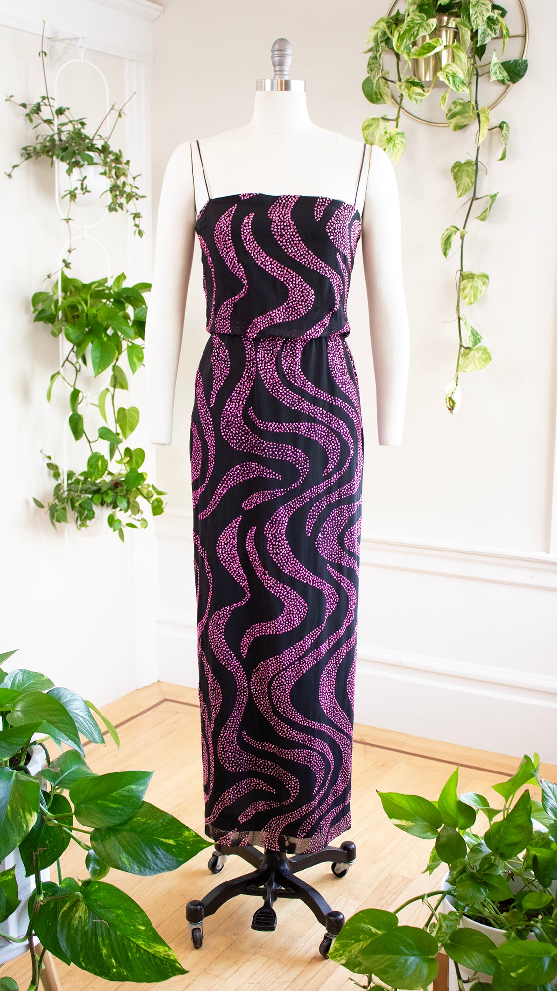 1970s Pink Glitter Black Maxi Party Dress | small Birthday Life Vintage 1970s Pink Glitter Black Maxi Party Dress | small Birthday Life Vintage