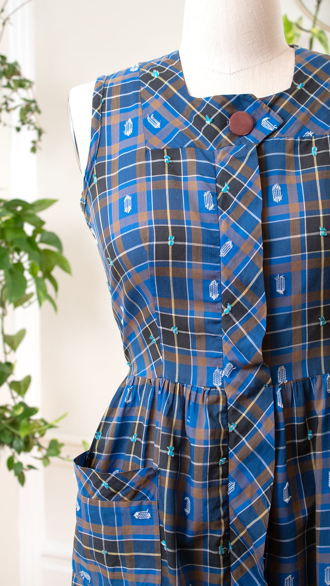 1950s Blue Plaid Cotton Sundress | x-large