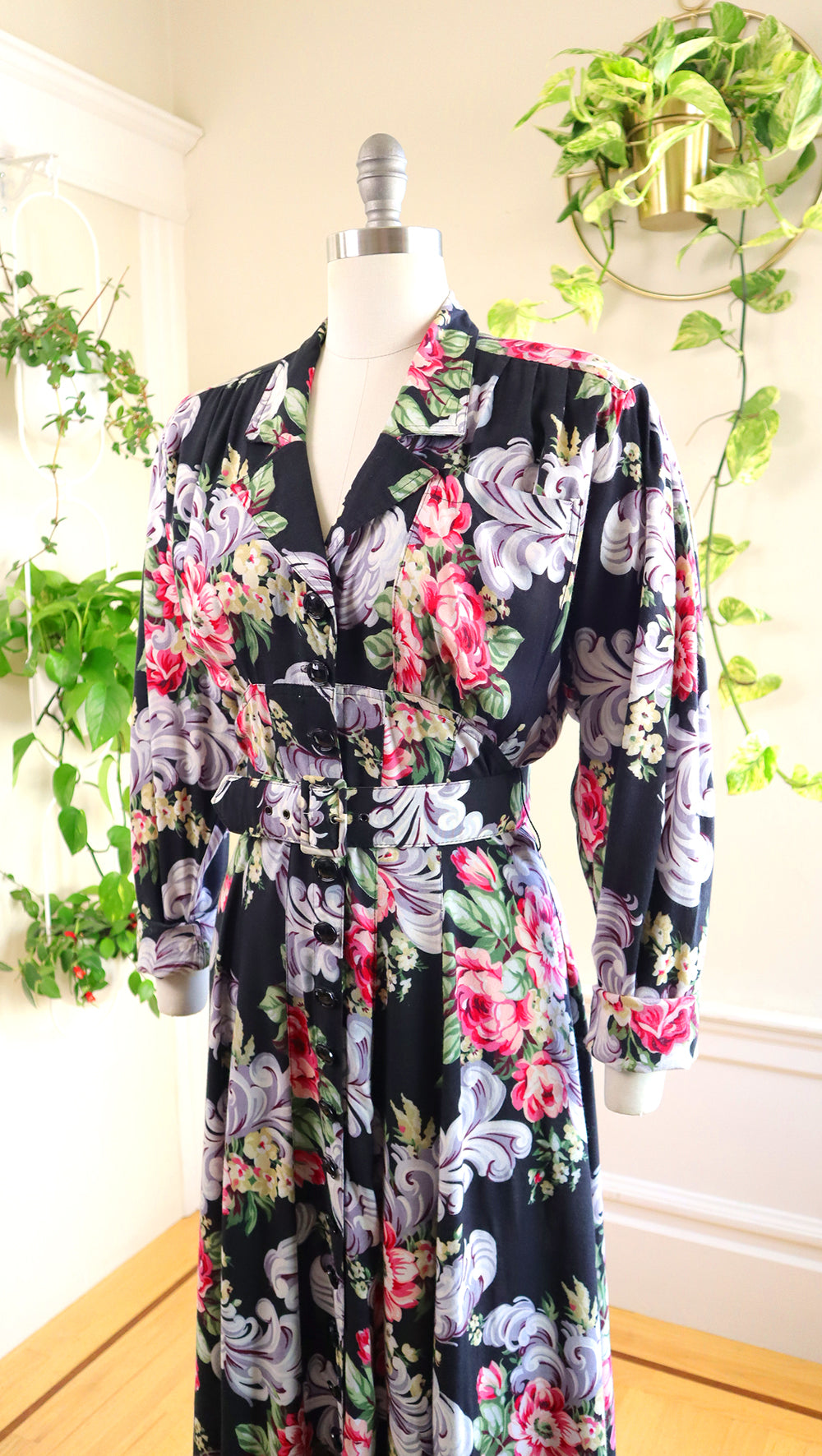 1980s KAREN ALEXANDER Feathers & Floral Shirt Dress | small/medium