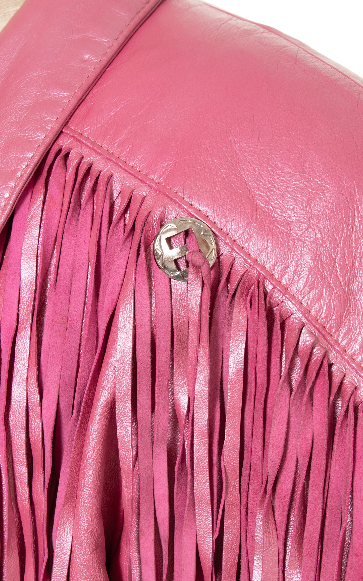 1980s Pearlescent Pink Leather Fringe Jacket | large