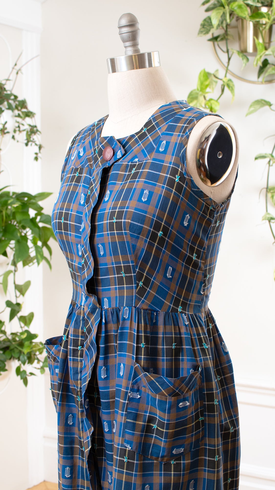 1950s Blue Plaid Cotton Sundress | x-large