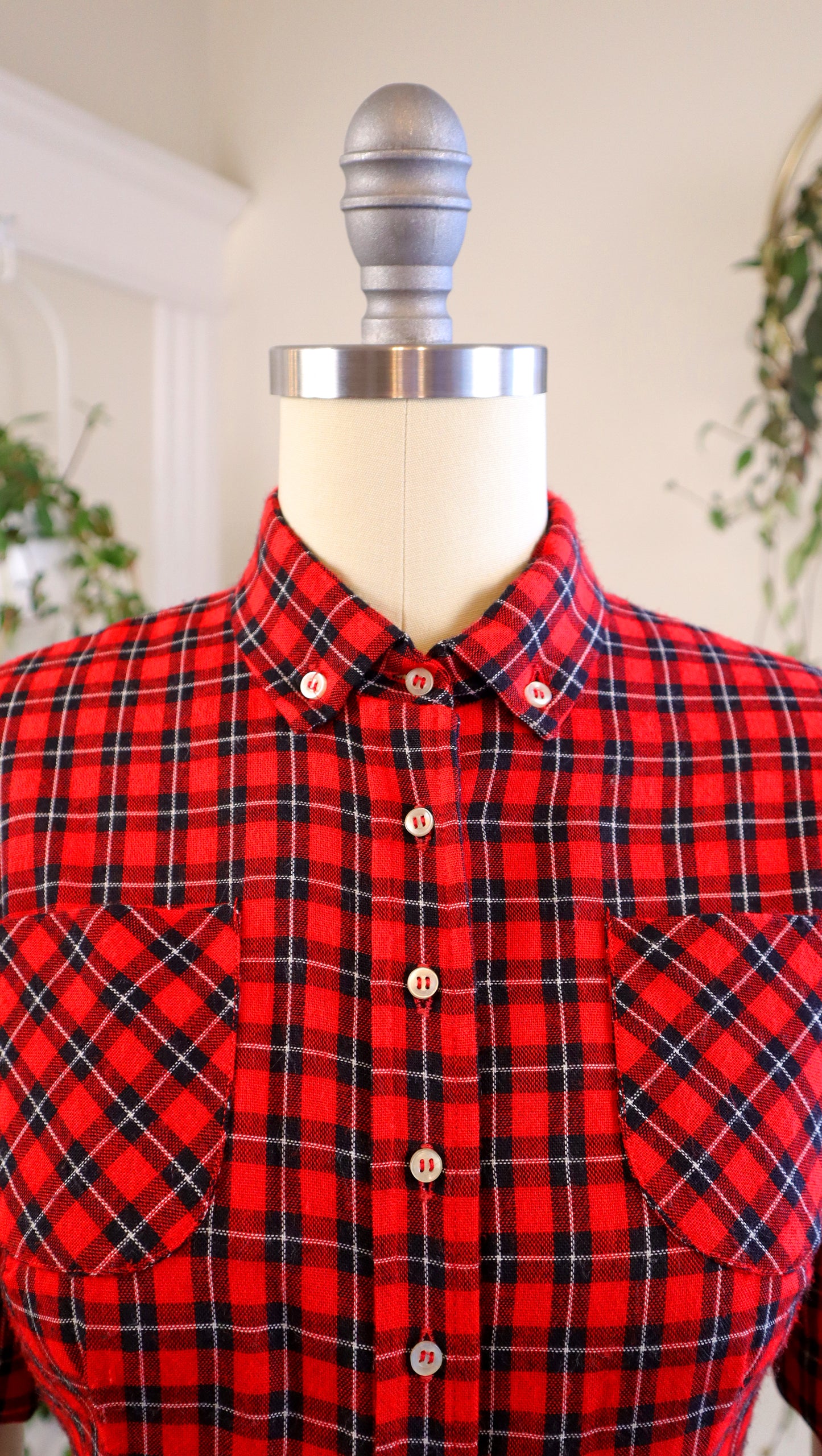 1950s Red Plaid Wool Shirtwaist Dress | small