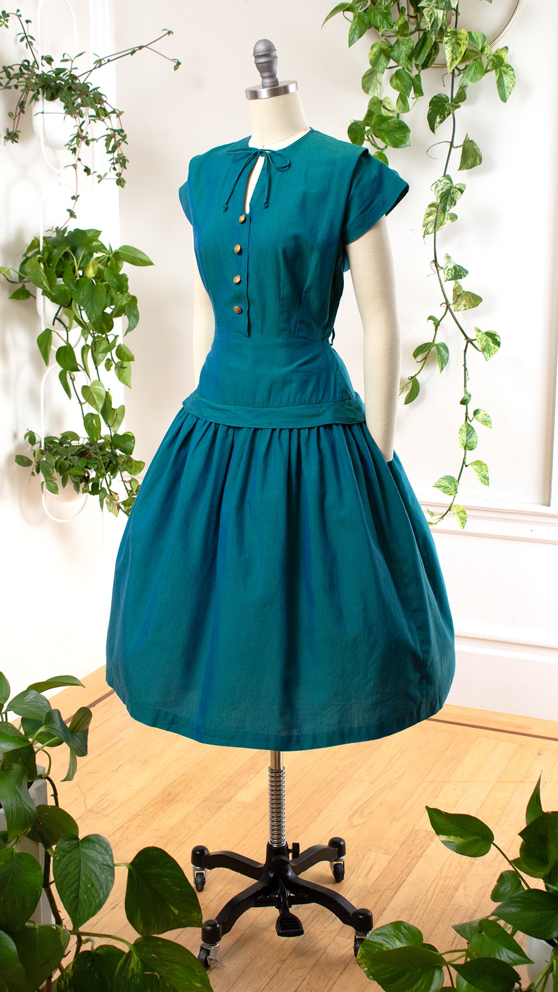 1950s Teal Sharkskin Shirtwaist Dress | small
