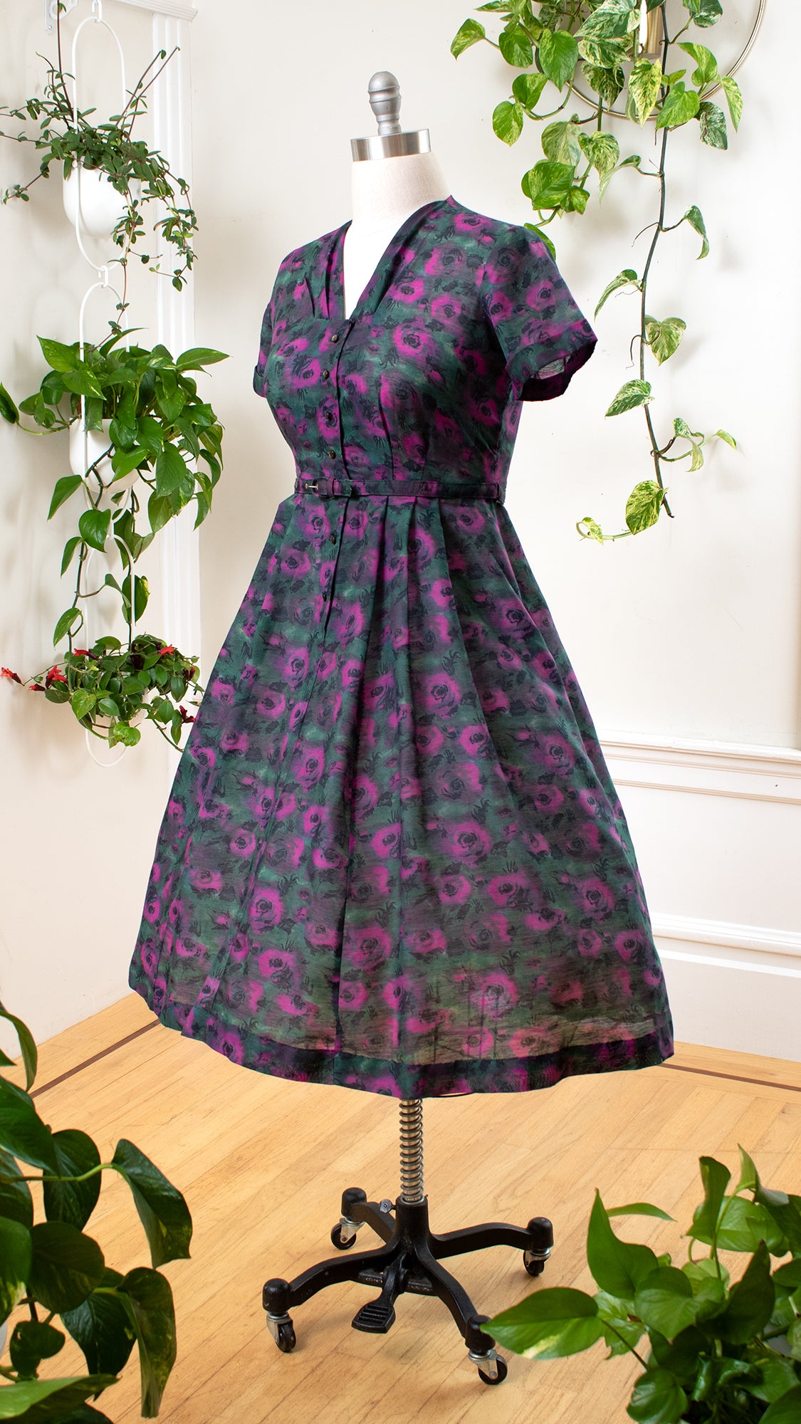 1960s Purple Floral Shirtwaist Dress | large