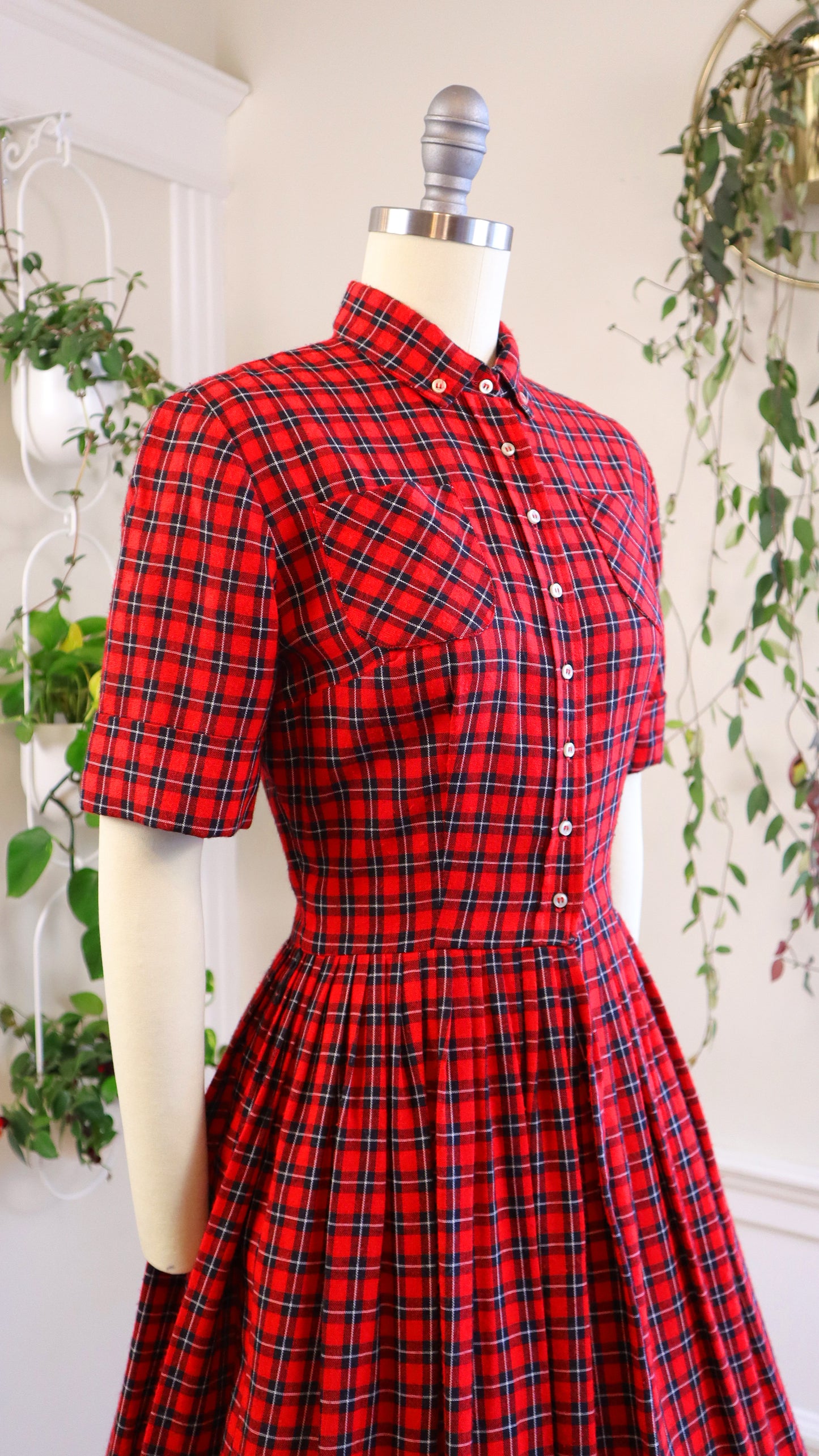 1950s Red Plaid Wool Shirtwaist Dress | small