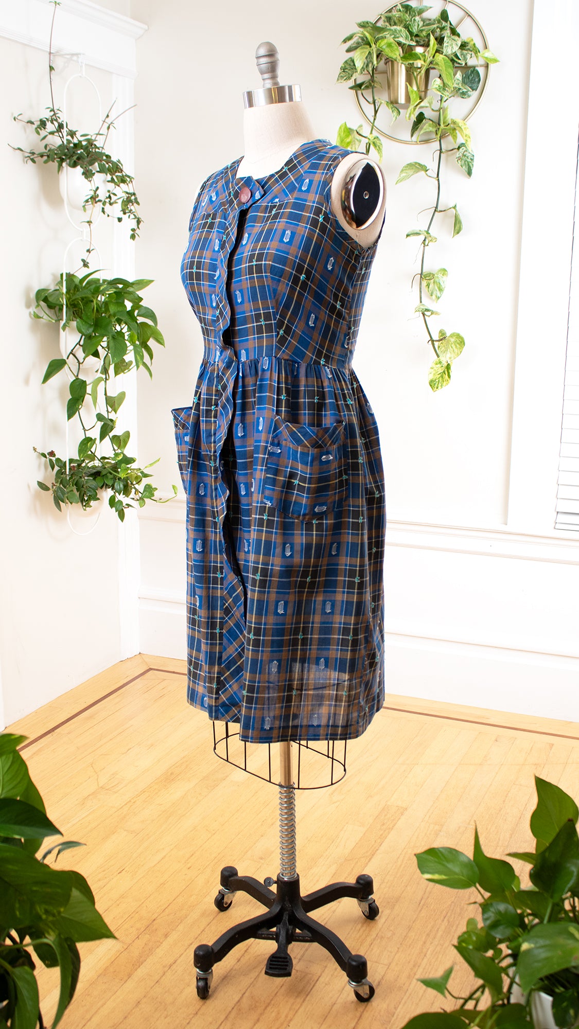 1950s Blue Plaid Cotton Sundress | x-large