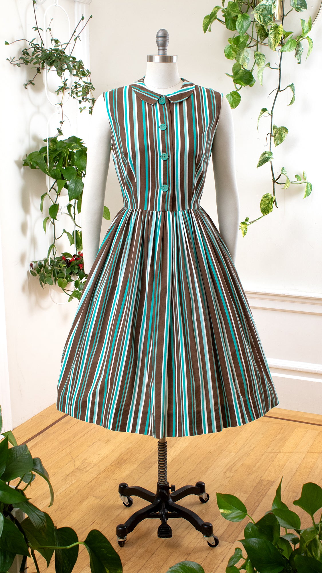 1950s Mint Chocolate Chip Striped Dress | medium Birthday Life Vintage 1950s Mint Chocolate Chip Striped Dress | medium Birthday Life Vintage