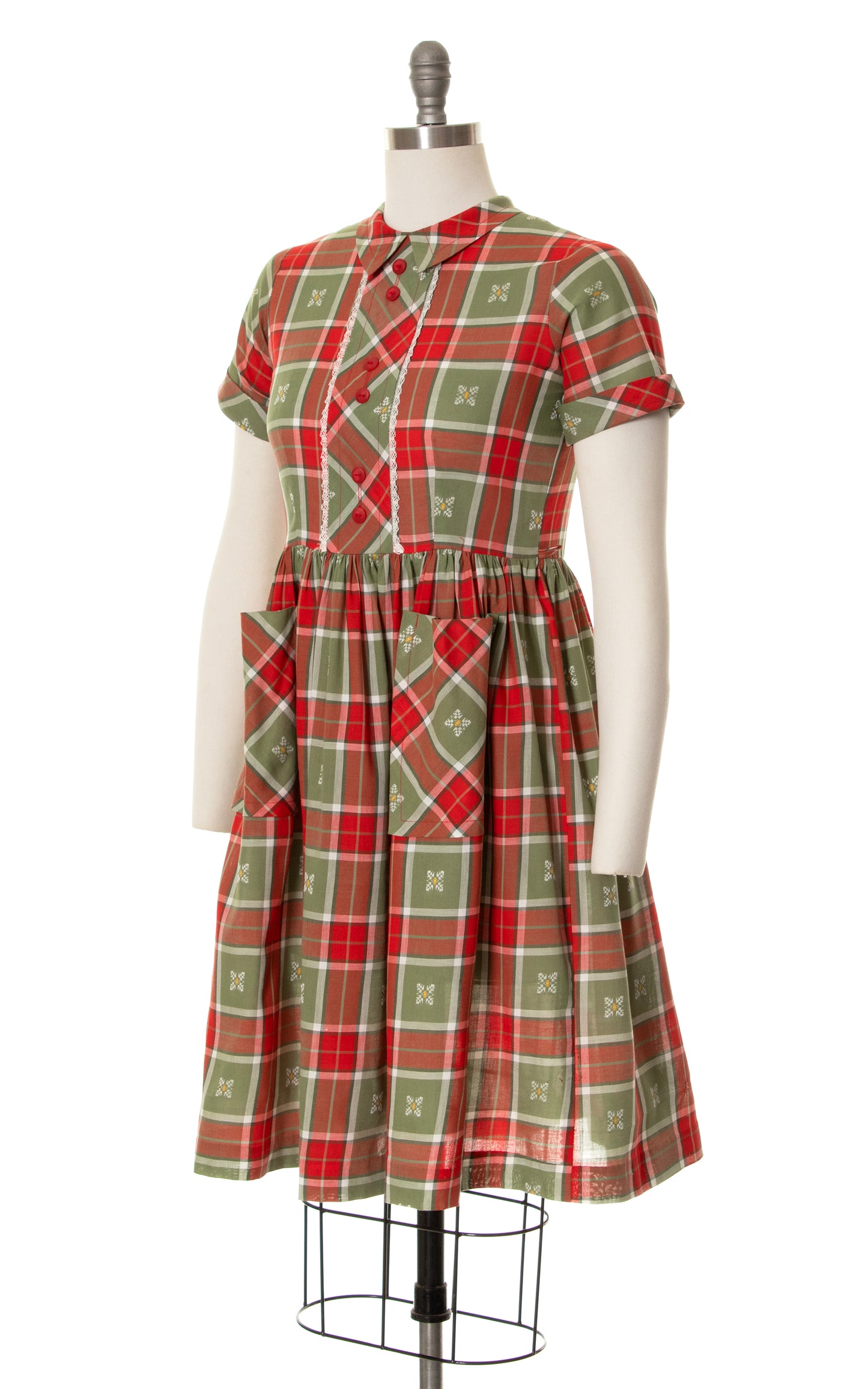 1950s Plaid Button Back Dress with Pockets | small