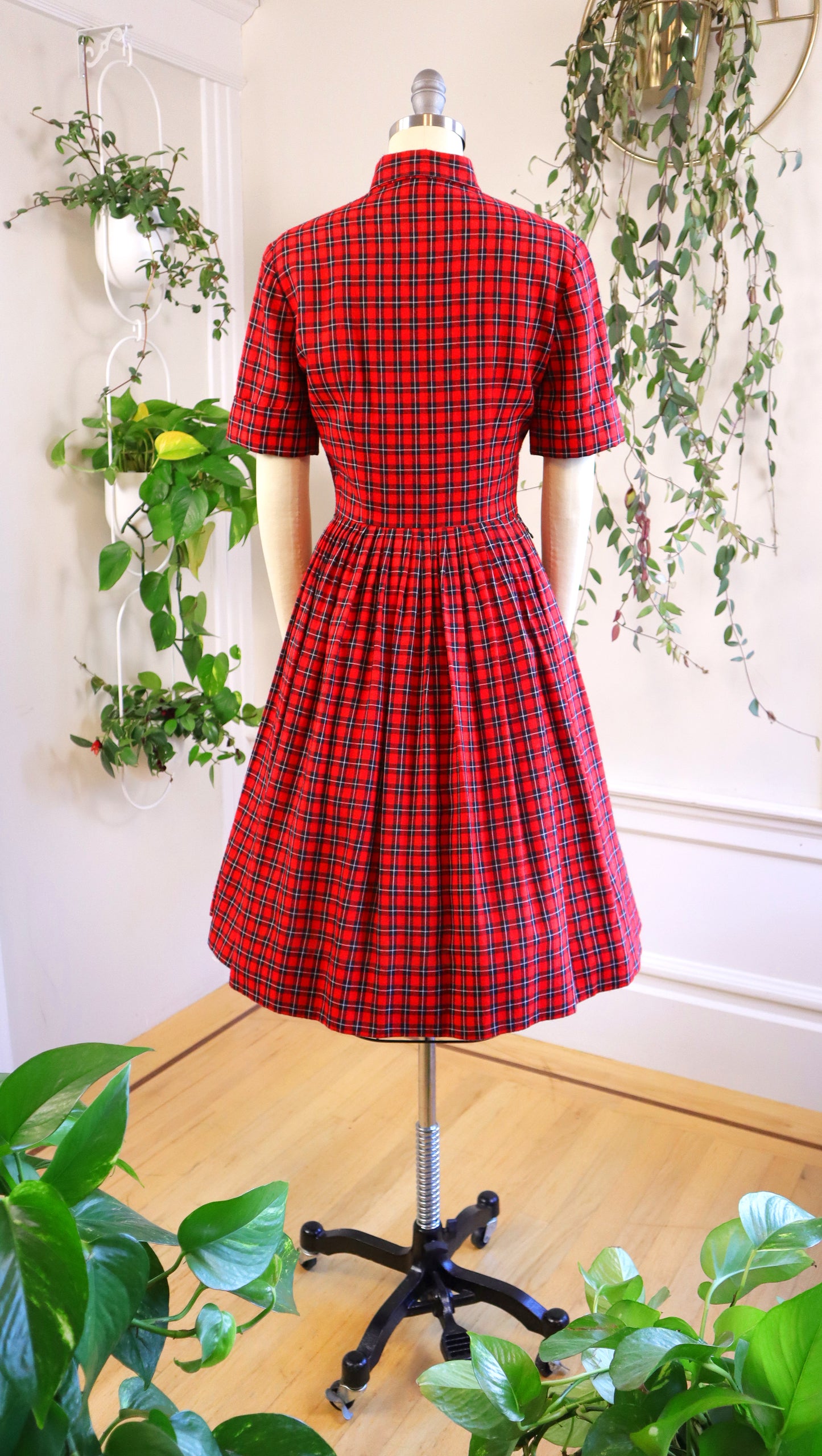 1950s Red Plaid Wool Shirtwaist Dress | small