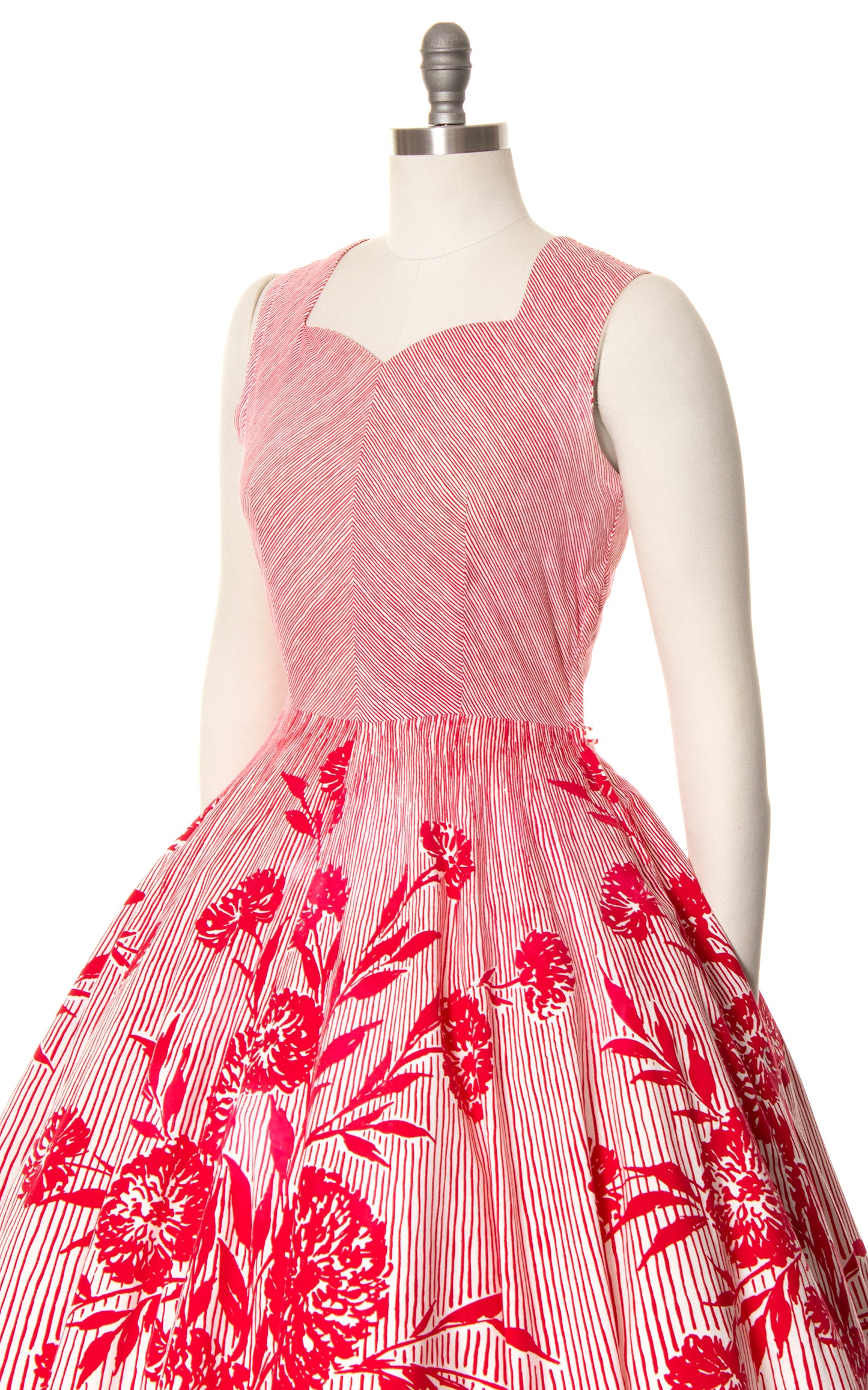 1950s Floral Striped Circle Skirt Dress | medium