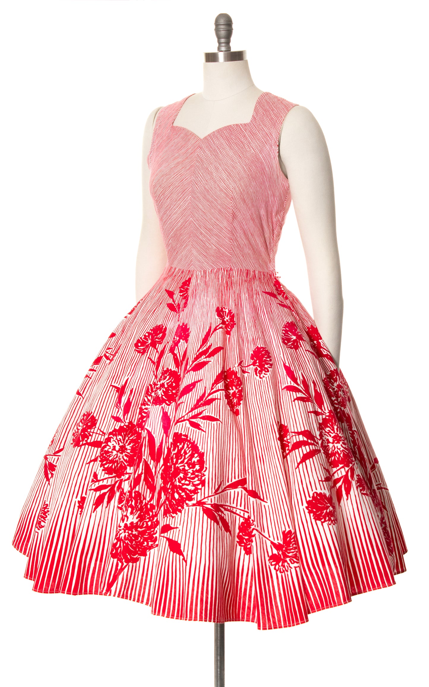 1950s Floral Striped Circle Skirt Dress | medium